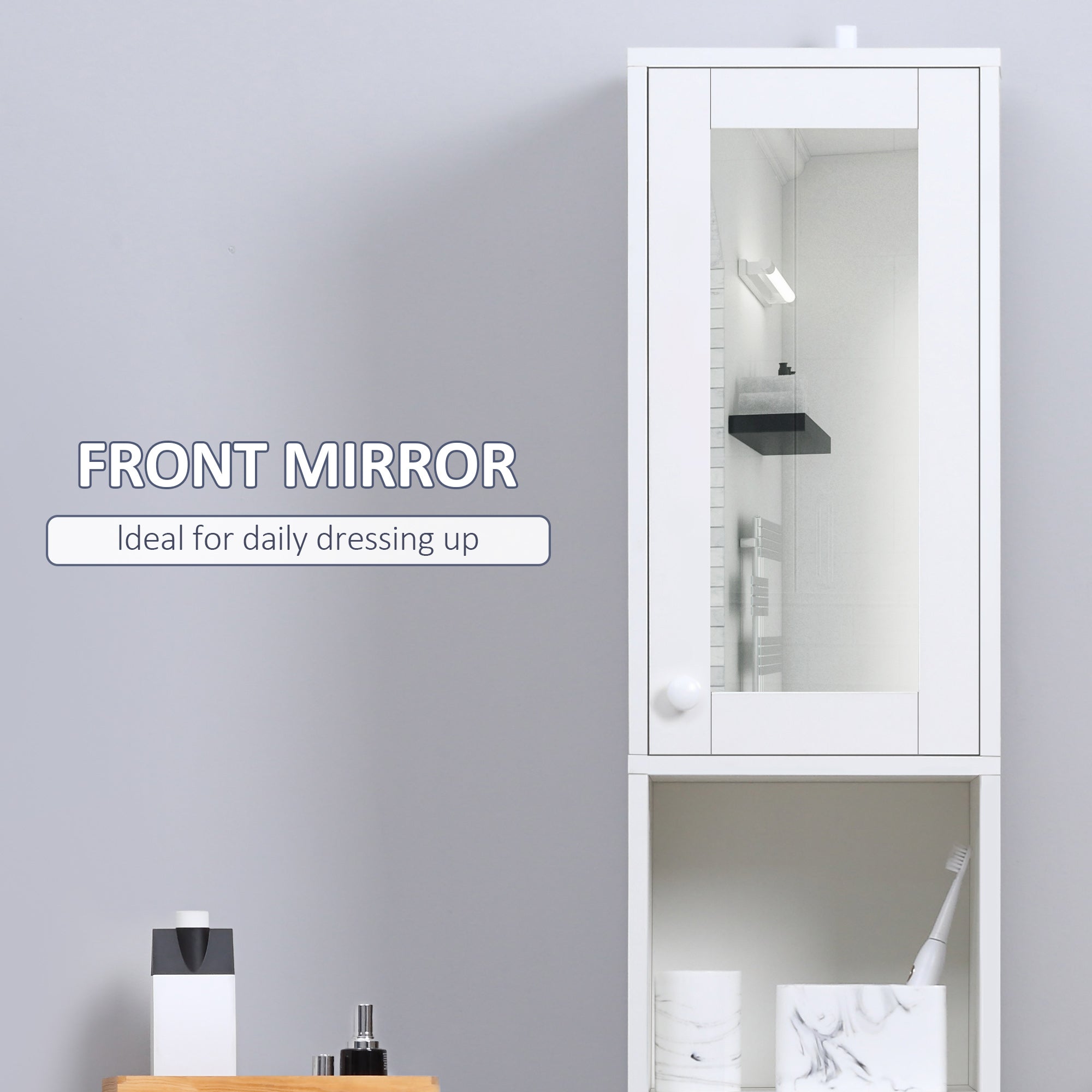 kleankin Tall Bathroom Storage Cabinet with Mirror, Narrow Bathroom Unit, Freestanding Bathroom Cupboard with Adjustable Shelves and 2 Doors, White - North Peak Garden Furniture