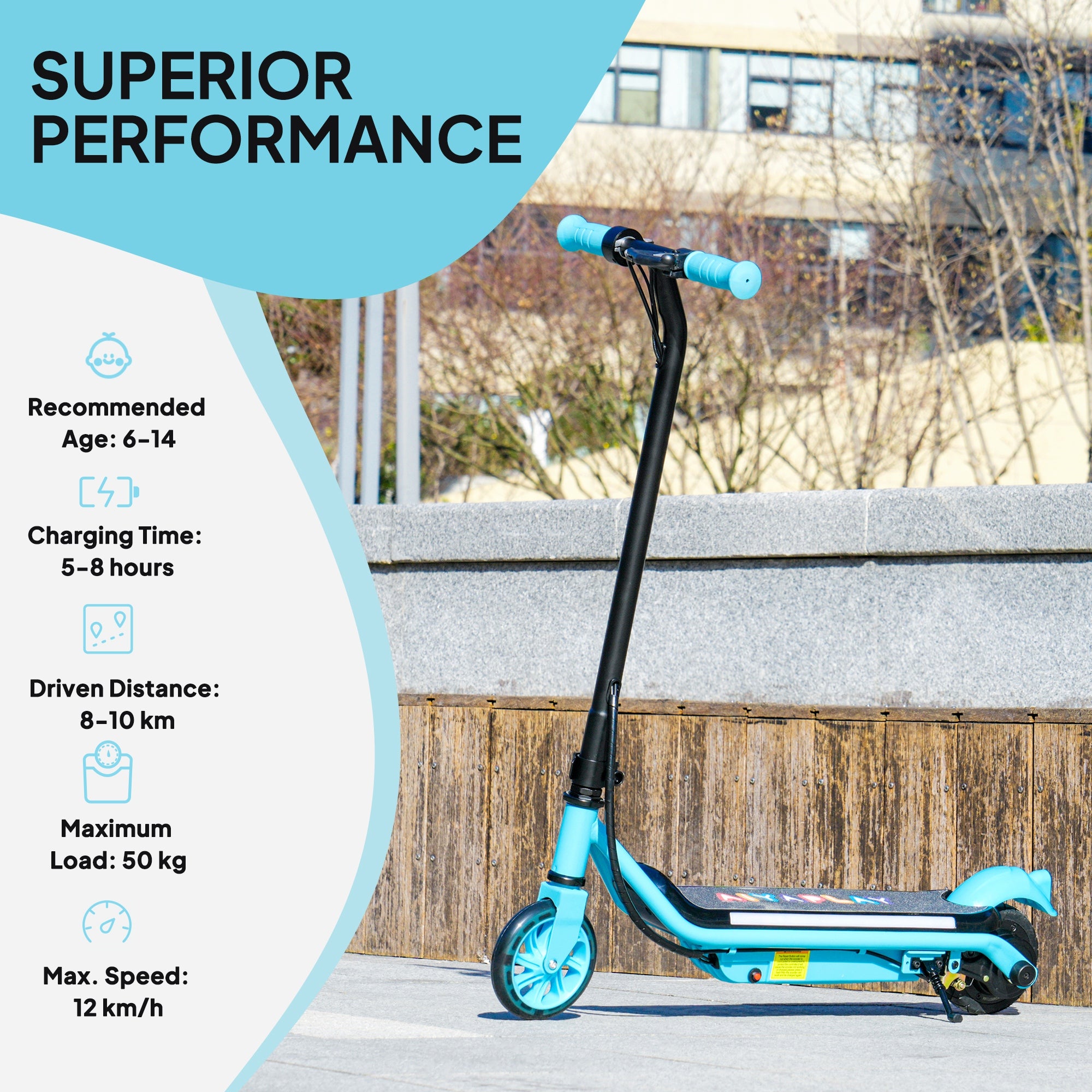 AIYAPLAY Electric Scooter for Kids Ages 6-14, with Dual Brakes, Flash Wheel and Colourful Light, Kids Electric Scooter E Scooter, Up to 12 KM/H & 10 KM, Blue - North Peak Garden Furniture