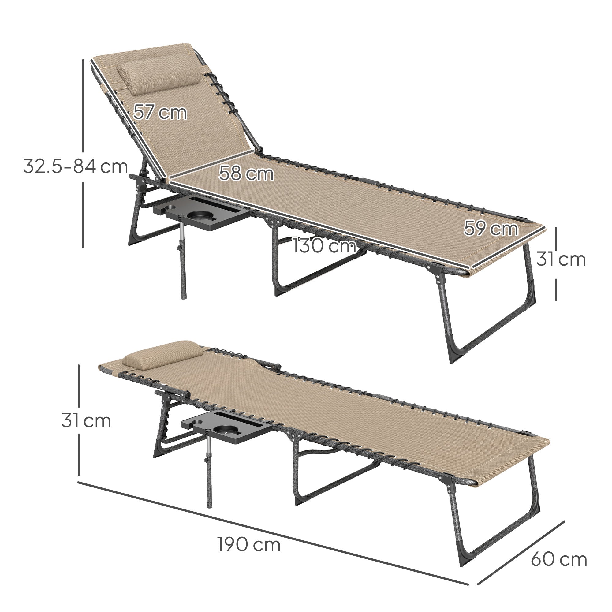 Outsunny Five-Position Reclining Sun Lounger - Beige - North Peak Garden Furniture