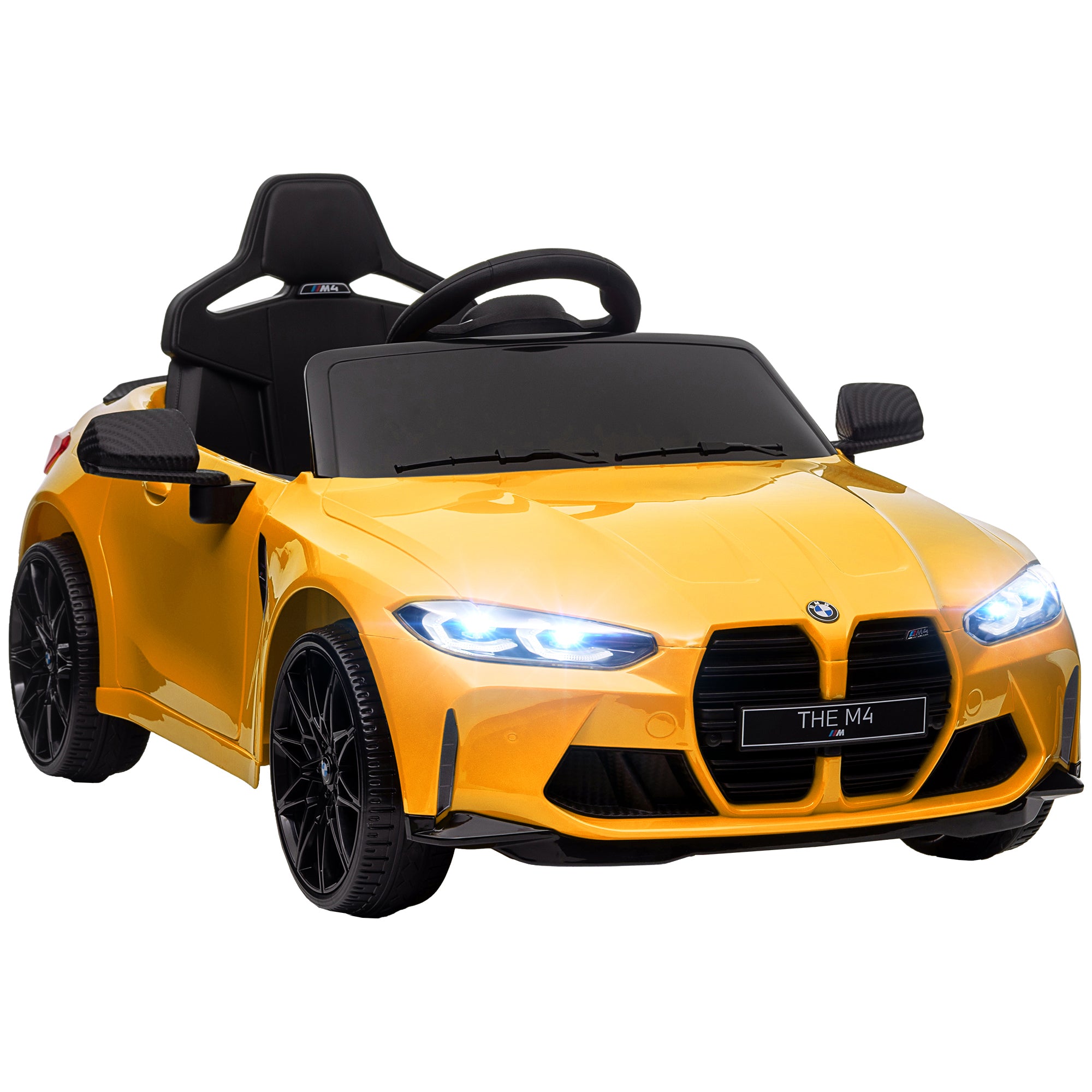 AIYAPLAY 12V BMW M4 Licensed Kids Car with Easy Transport, Remote Control, Suspension, Music, Horn, LED Lights, Yellow - North Peak Garden Furniture