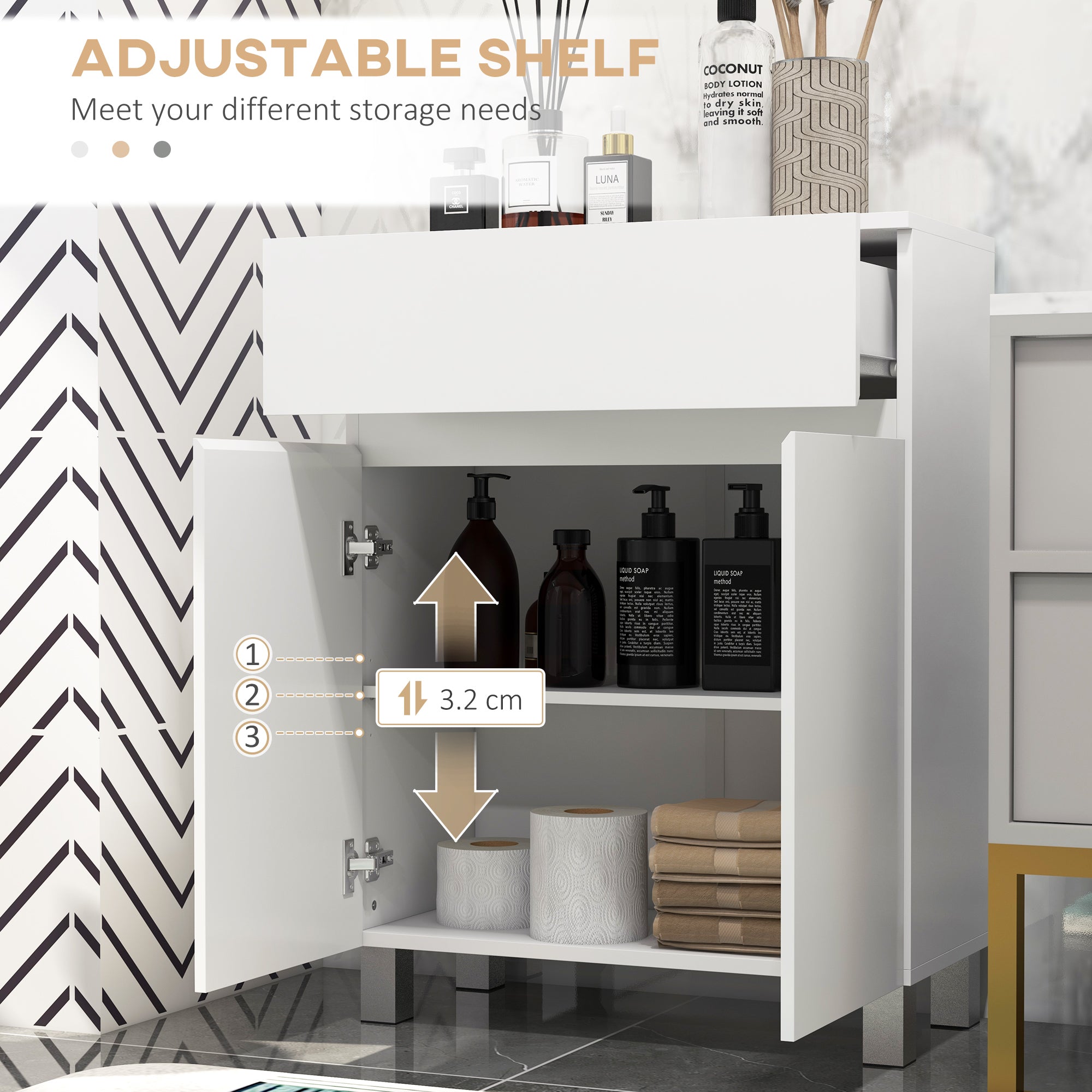 kleankin Freestanding Bathroom Cabinet, High Gloss Storage Cabinet with Doors and Adjustable Shelf, 60 x 30 x 80 cm, White - North Peak Garden Furniture