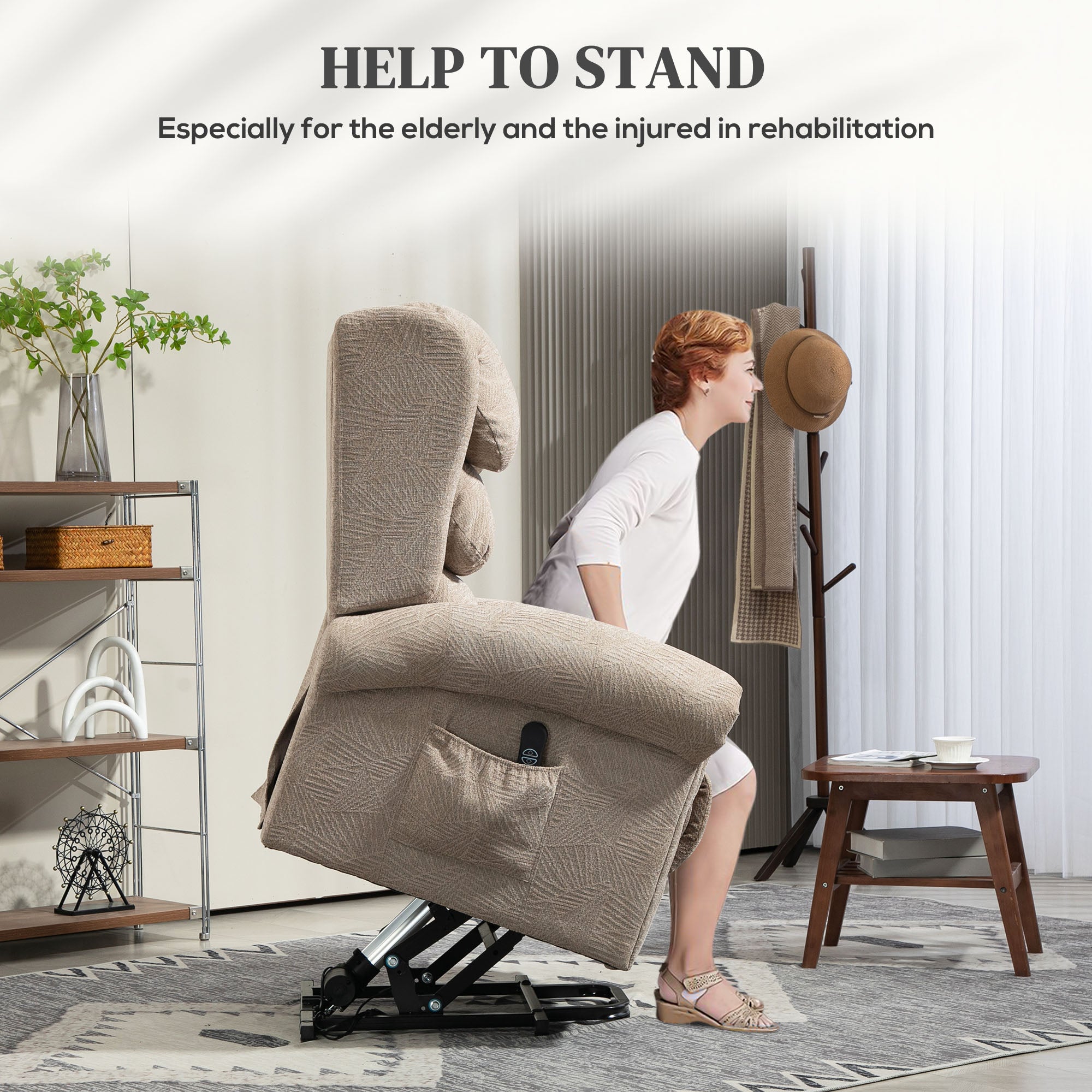 HOMCOM Power Lift Recliner Chair for Elderly, Velvet Electric Riser and Recliner Armchair for Living Room with Remote Control, 2 Side Pockets, Thick Padded Back, Khaki - North Peak Garden Furniture