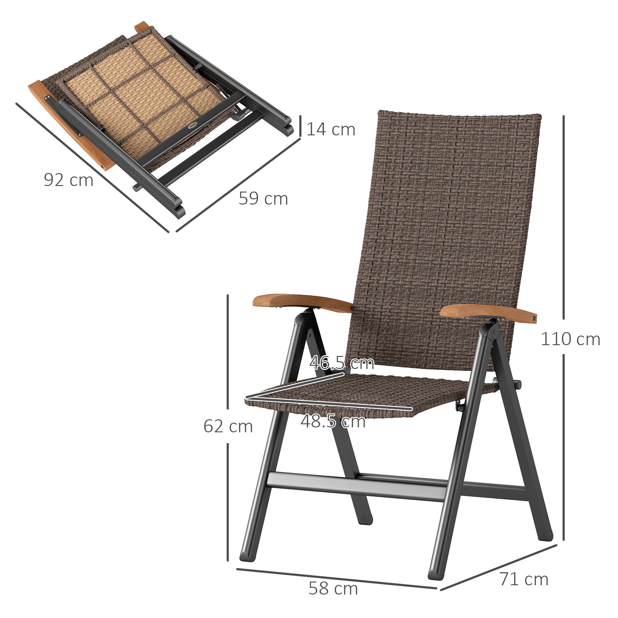 Outsunny Outdoor Folding Rattan Chair with Armrests, High Backrest, for Garden, Camping, Balcony, Porch - Brown - North Peak Garden Furniture
