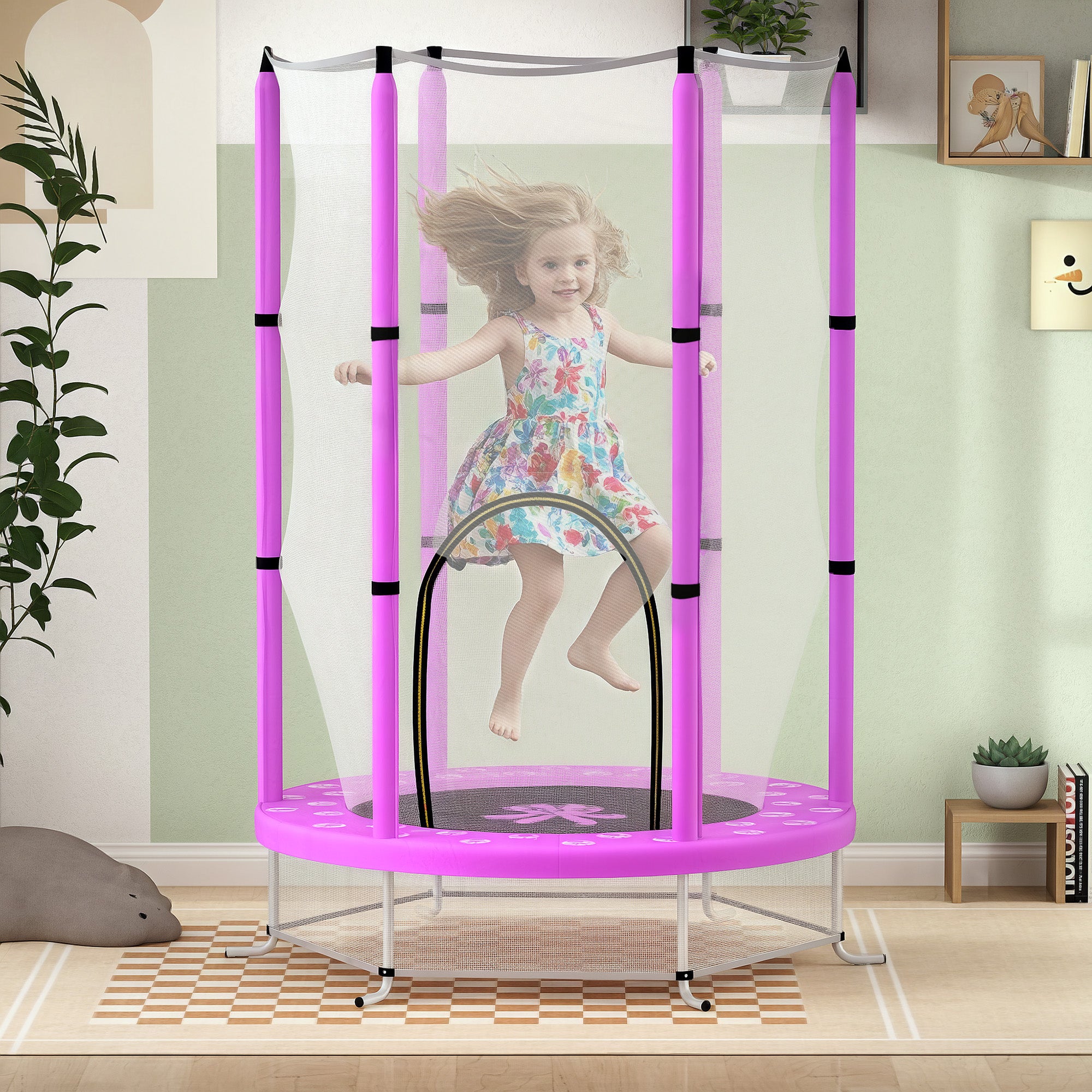 AIYAPLAY 4.6ft Toddler Trampoline w/ Safety Enclosure Net, for Indoor Outdoor Use, Ages 3-6 Years, Purple - North Peak Garden Furniture