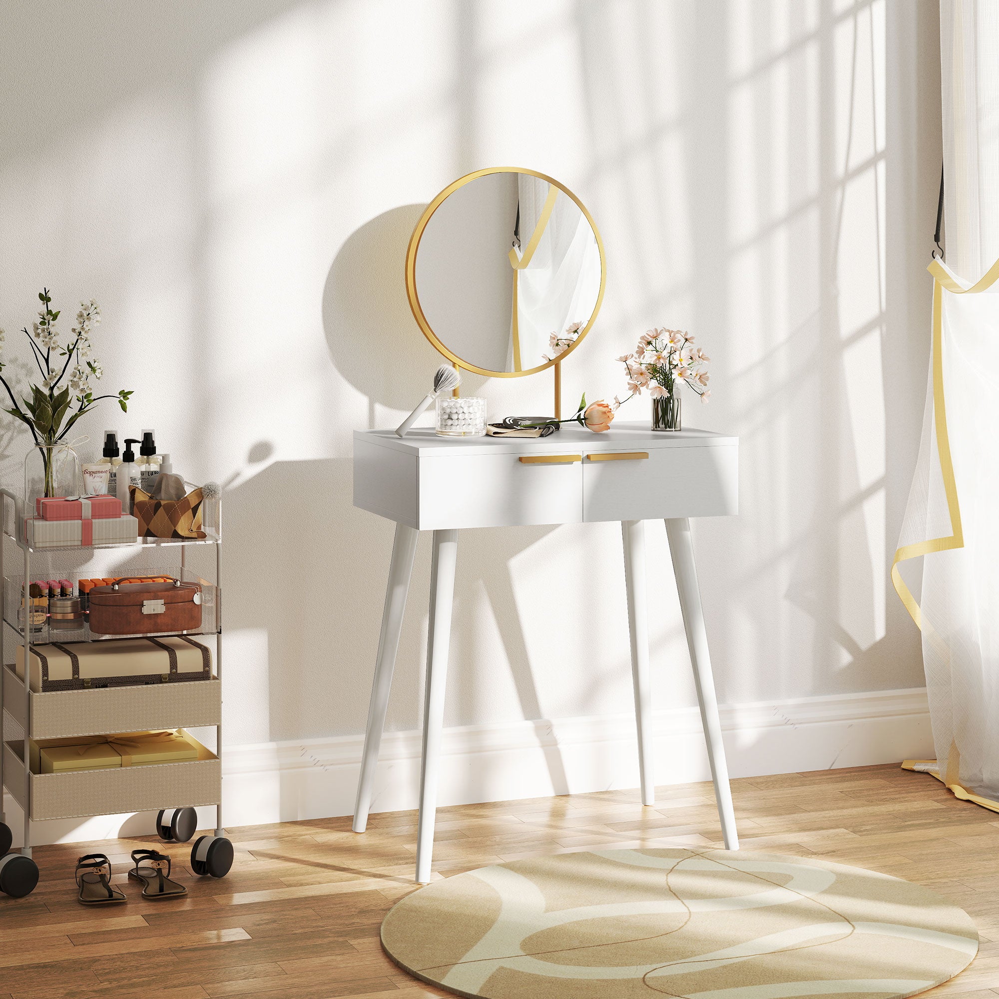 HOMCOM Elegant Dressing Table, with Round Mirror, 60 x 40 x 123 cm - White - North Peak Garden Furniture