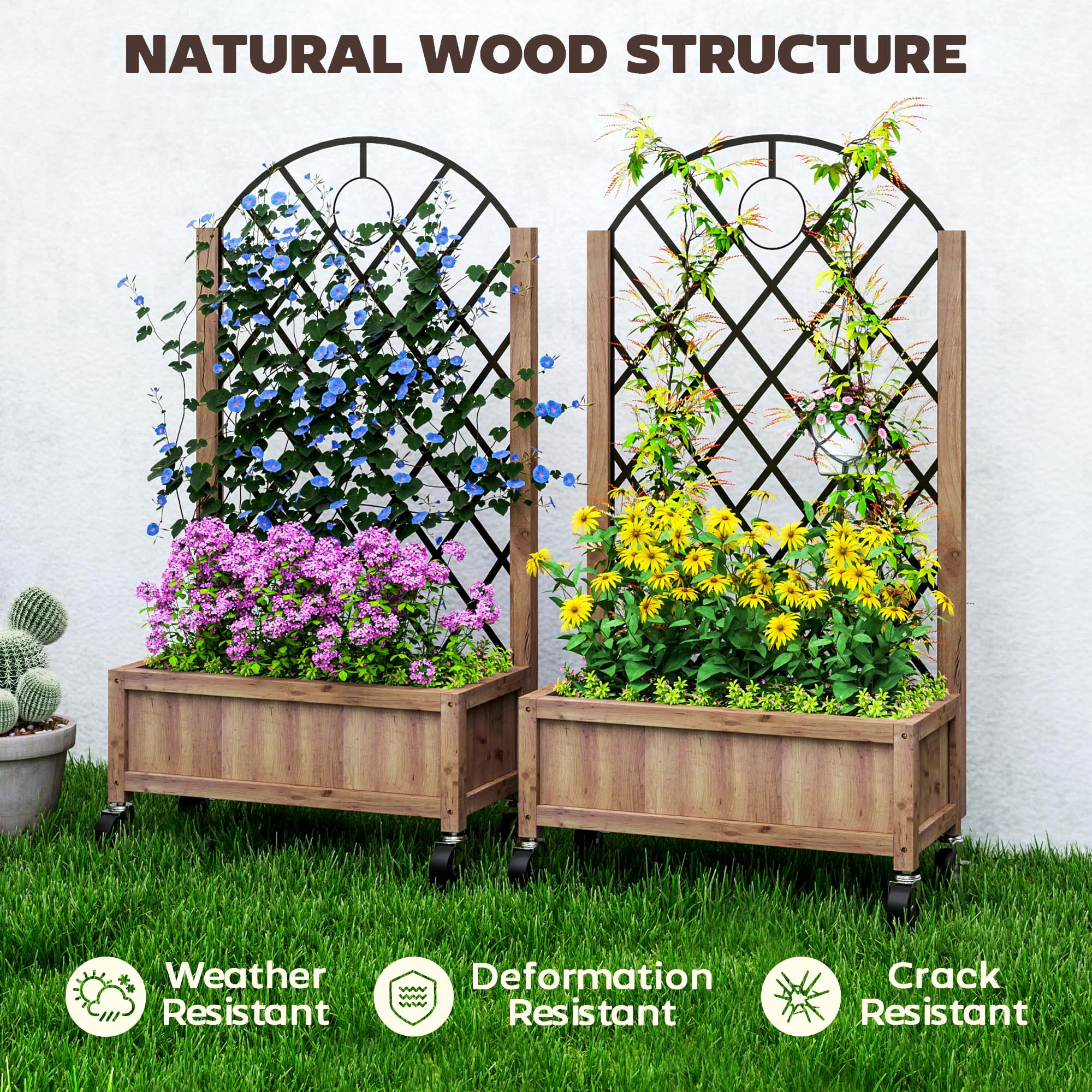 Outsunny Wooden Planter, with Metal Trellis - Brown/Black - North Peak Garden Furniture
