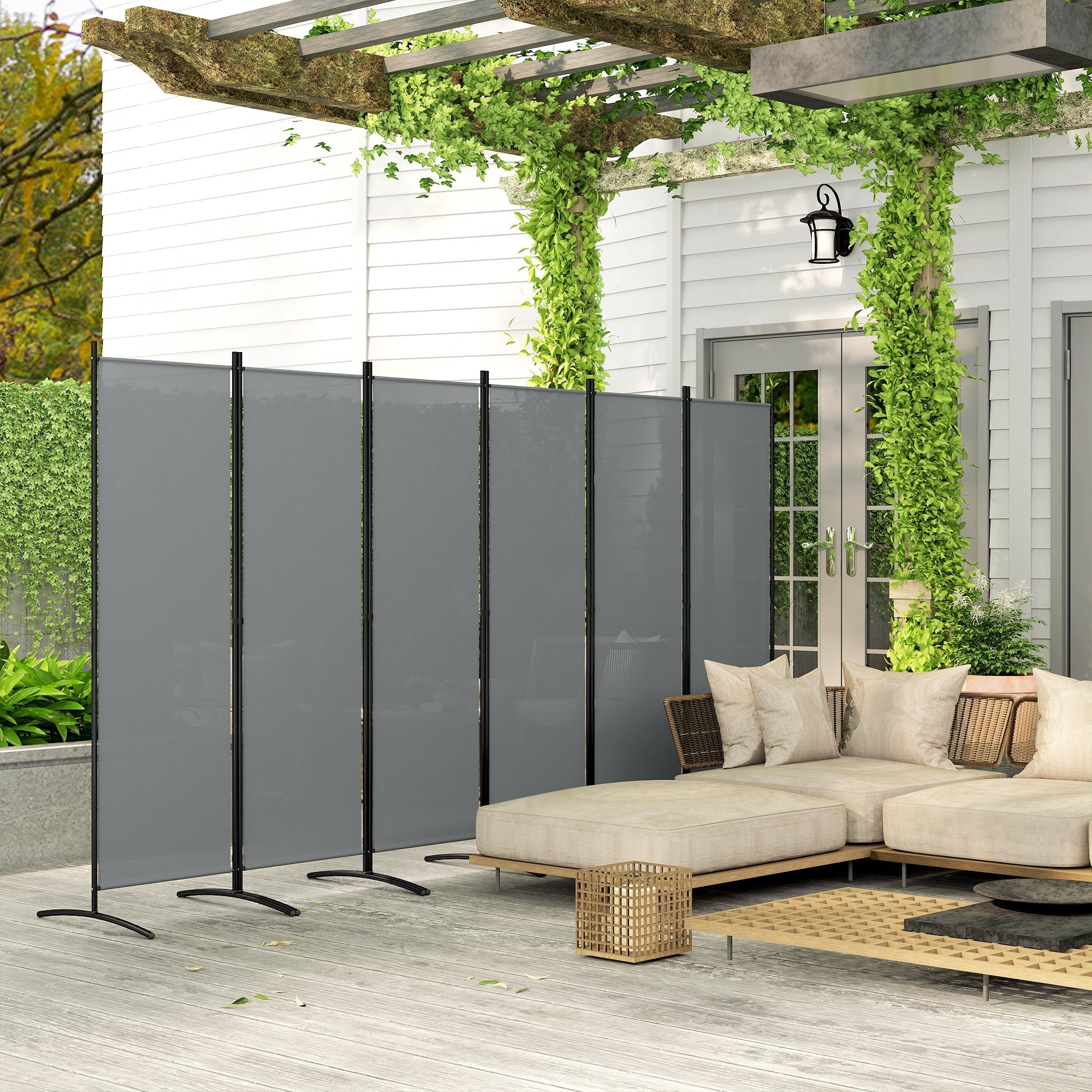 Outsunny 6 Panel Folding Room Divider, 1.7m Privacy Screen with Wide Feet, Portable Freestanding Metal Partition Separator for Office, Living Room, Bedroom, Dining Room, Dark Grey
