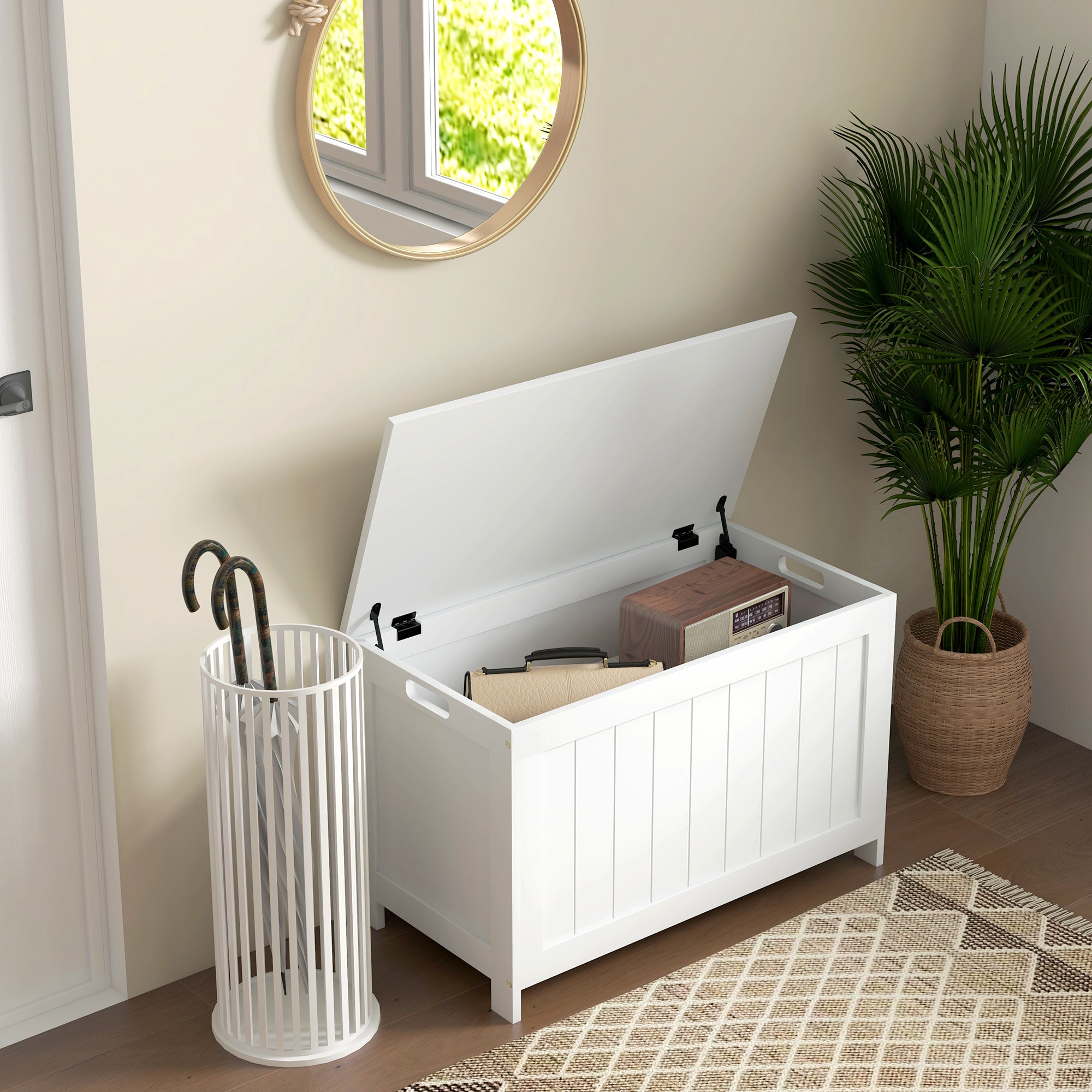 HOMCOM Storage Chest, Modern Storage Trunk with 2 Safety Hinges and Cut-out Handles, Wooden Toy Box for Living Room, Entryway, 76 x 40 x 48 cm, White - North Peak Garden Furniture
