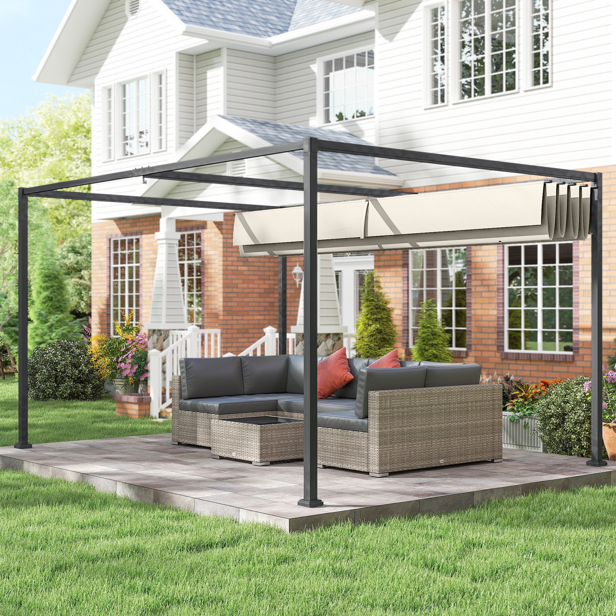 Outsunny 3x2m Metal Pergola with Retractable Roof, Garden Gazebo Canopy Shelter for Outdoor, Patio, Cream White