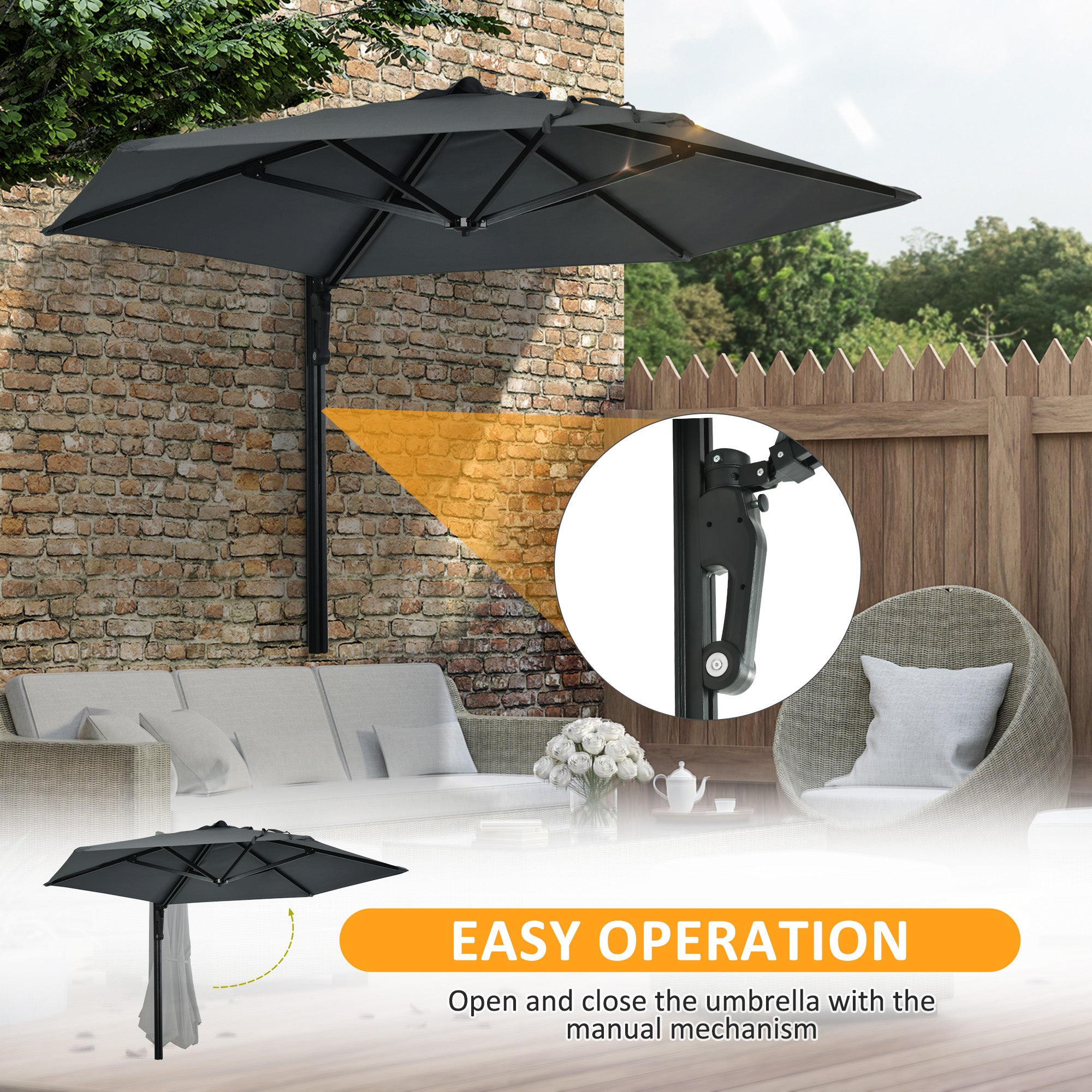 Outsunny 2.5m Wall Mounted Parasol, Hand to Push Outdoor Patio Umbrella with 180 Degree Rotatable Canopy for Porch, Deck, Garden, 250 cm, Dark Grey - North Peak Garden Furniture