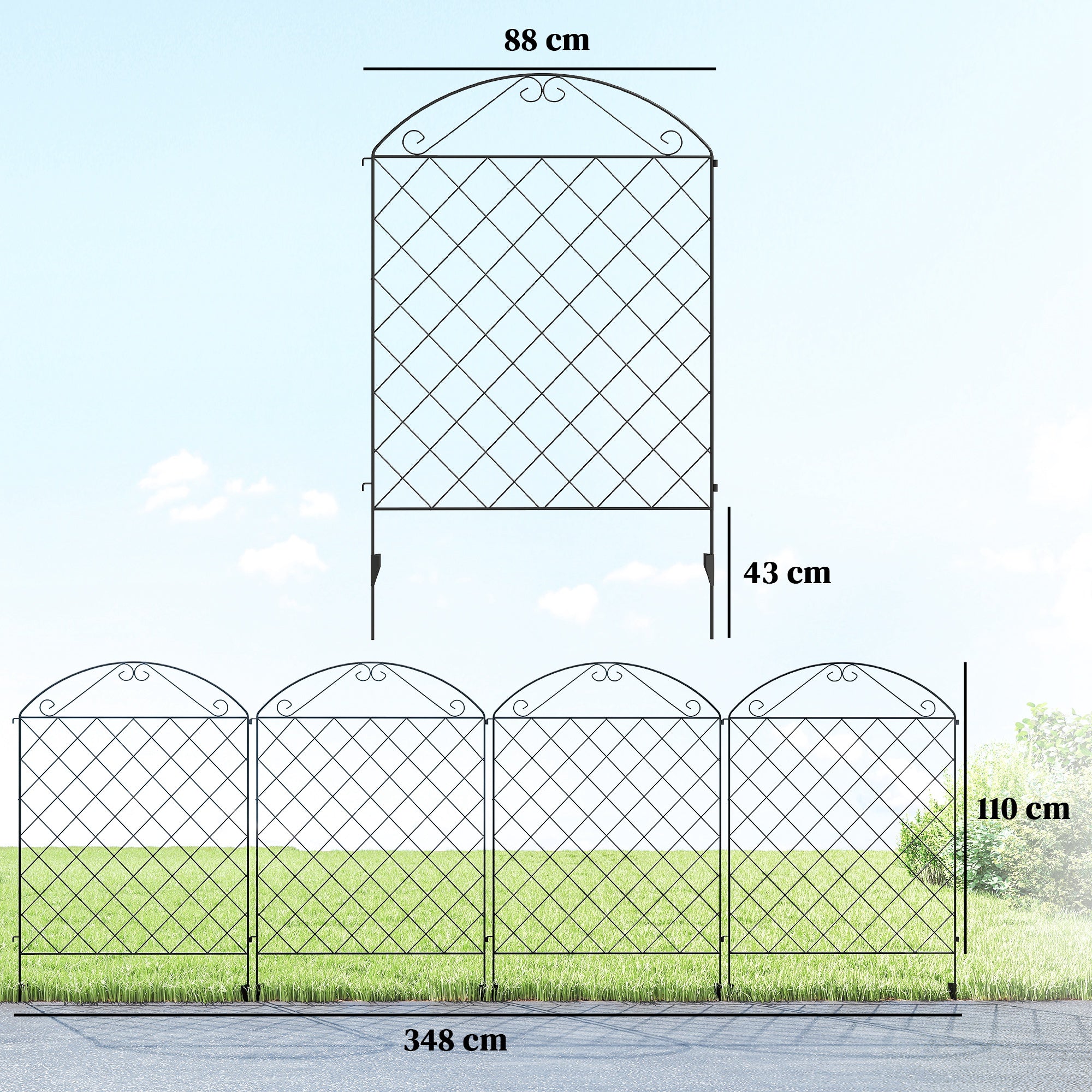 Outsunny Decorative Garden Fencing, 43in x 11.5ft Outdoor Picket Fence Panels, 4PCs Rustproof Metal Wire Landscape Flower Bed Border Edging Animal Barrier, Black