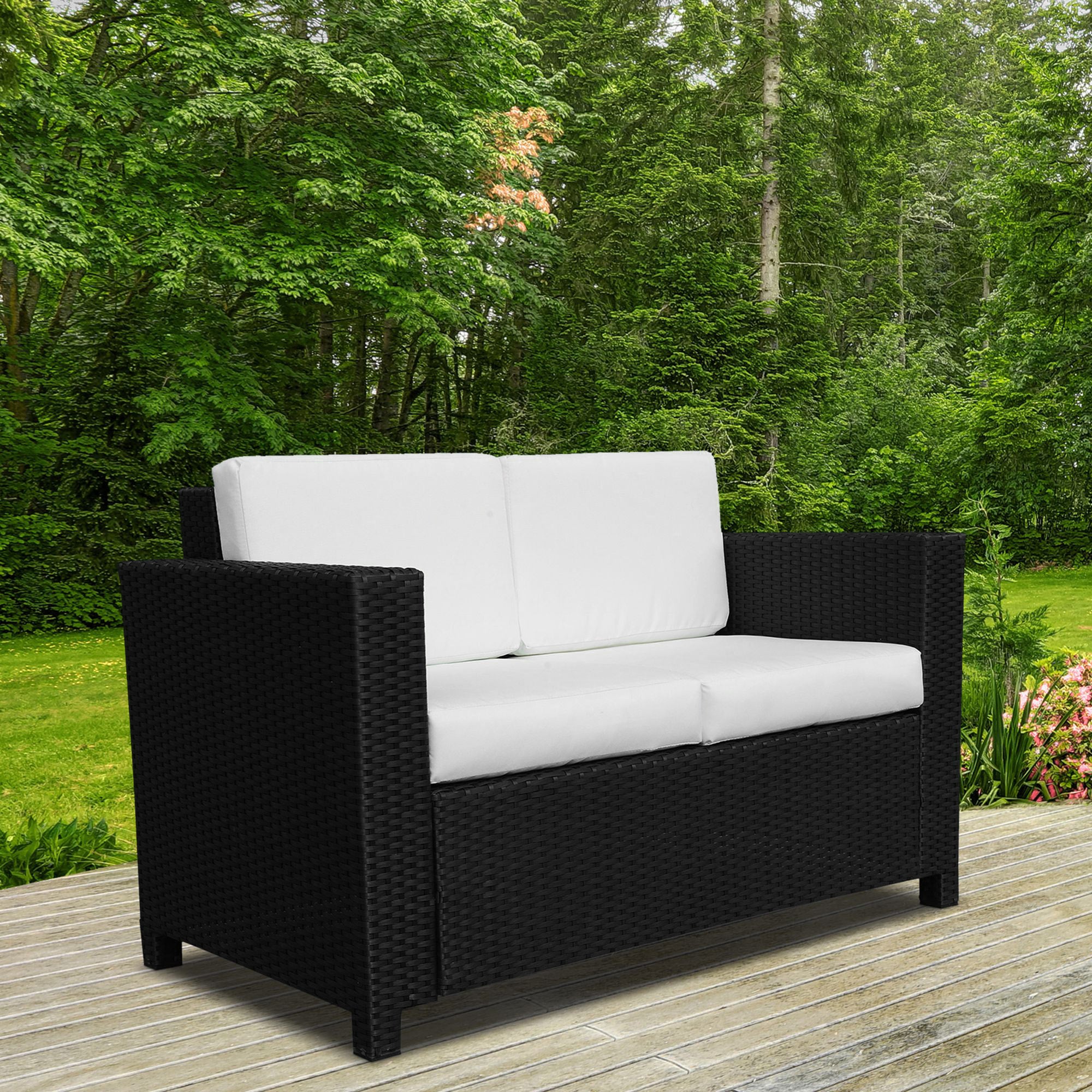 Outsunny 2 Seater Garden Furniture, Rattan Sofa with Soft Padded Cushion and Armrests, Wicker Garden Loveseat for Patio, Black - North Peak Garden Furniture
