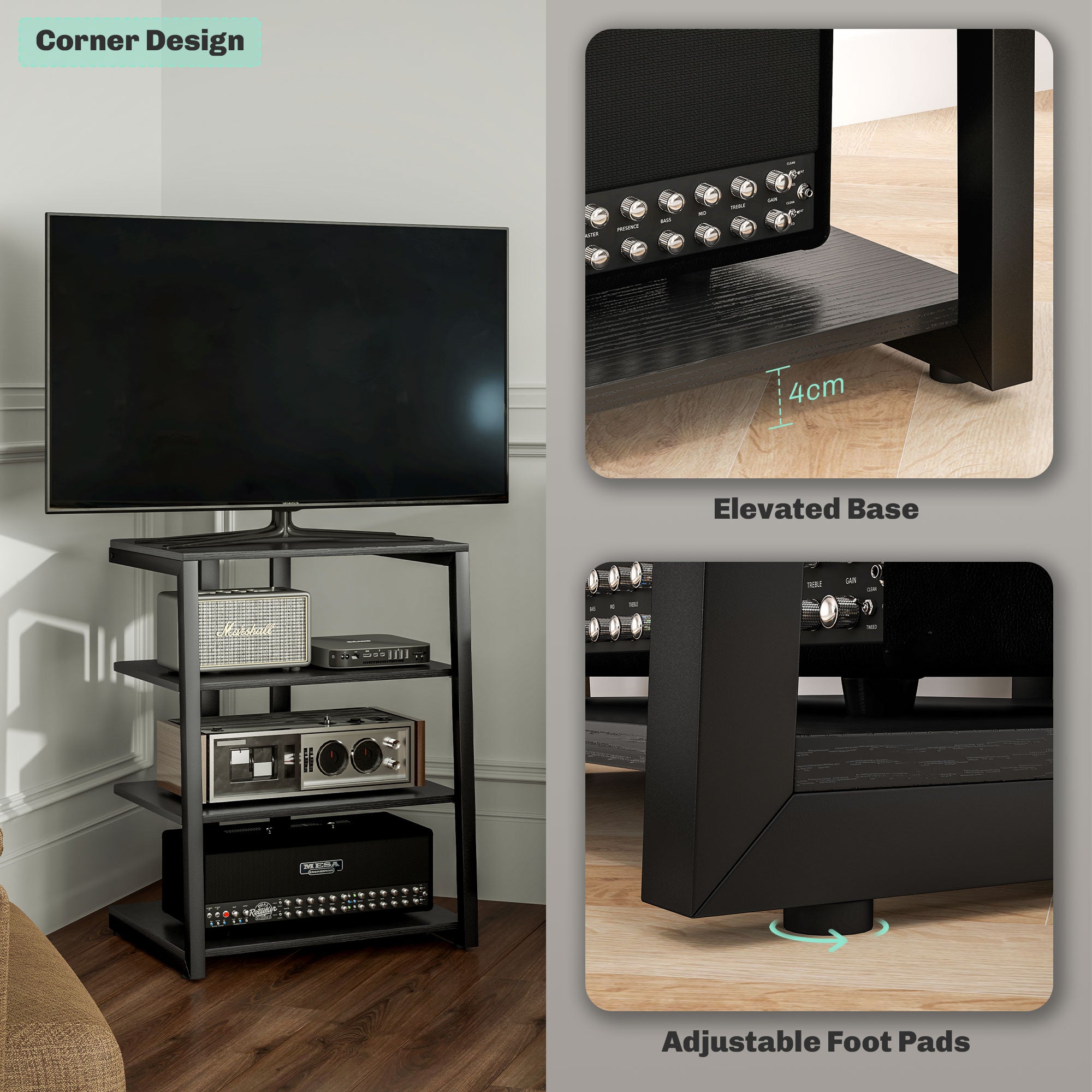 HOMCOM HiFi Stand, with Four Storage Shelves - Black - North Peak Garden Furniture