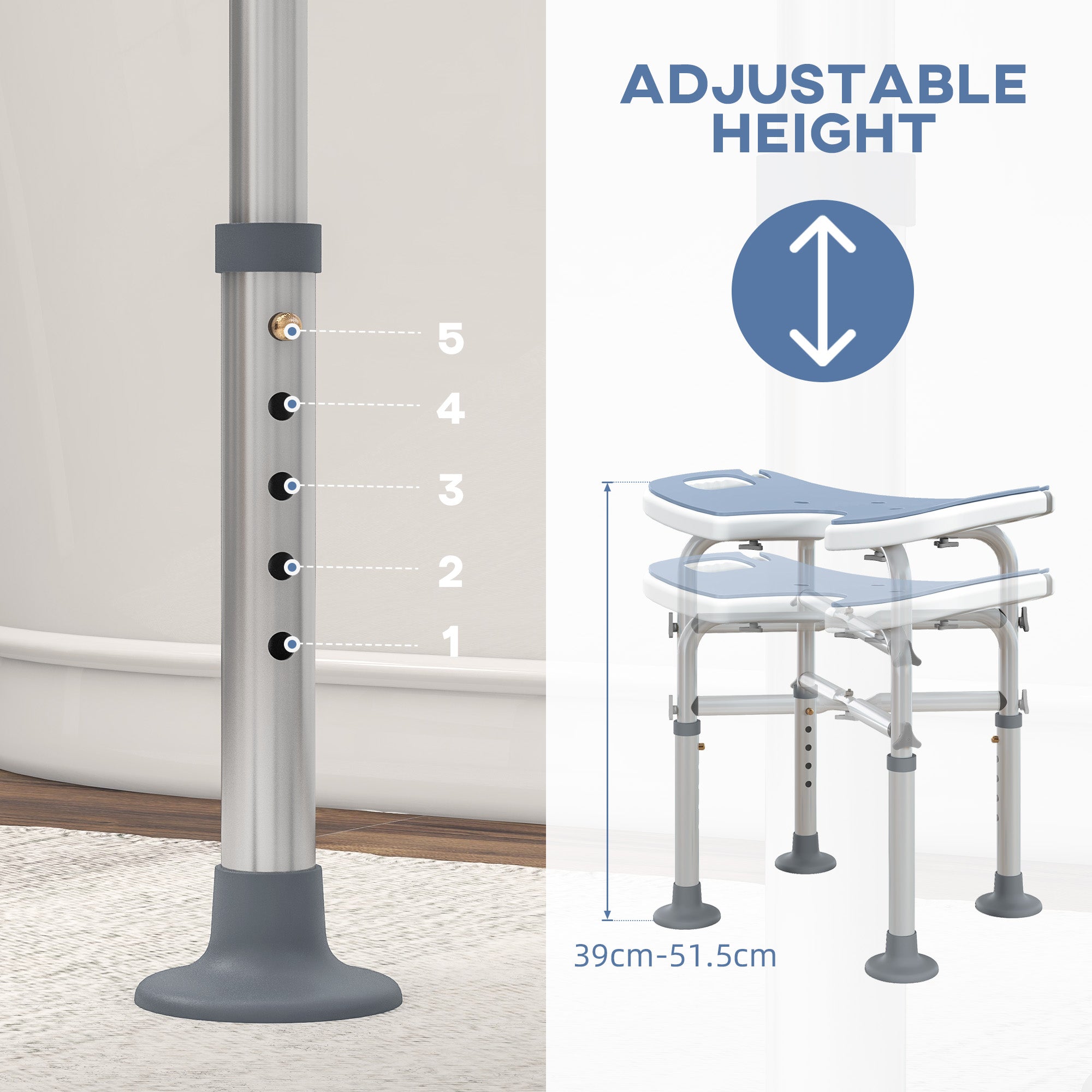 HOMCOM 39-51.5cm 'U' Seat Padded Shower Stool - Light Blue - North Peak Garden Furniture
