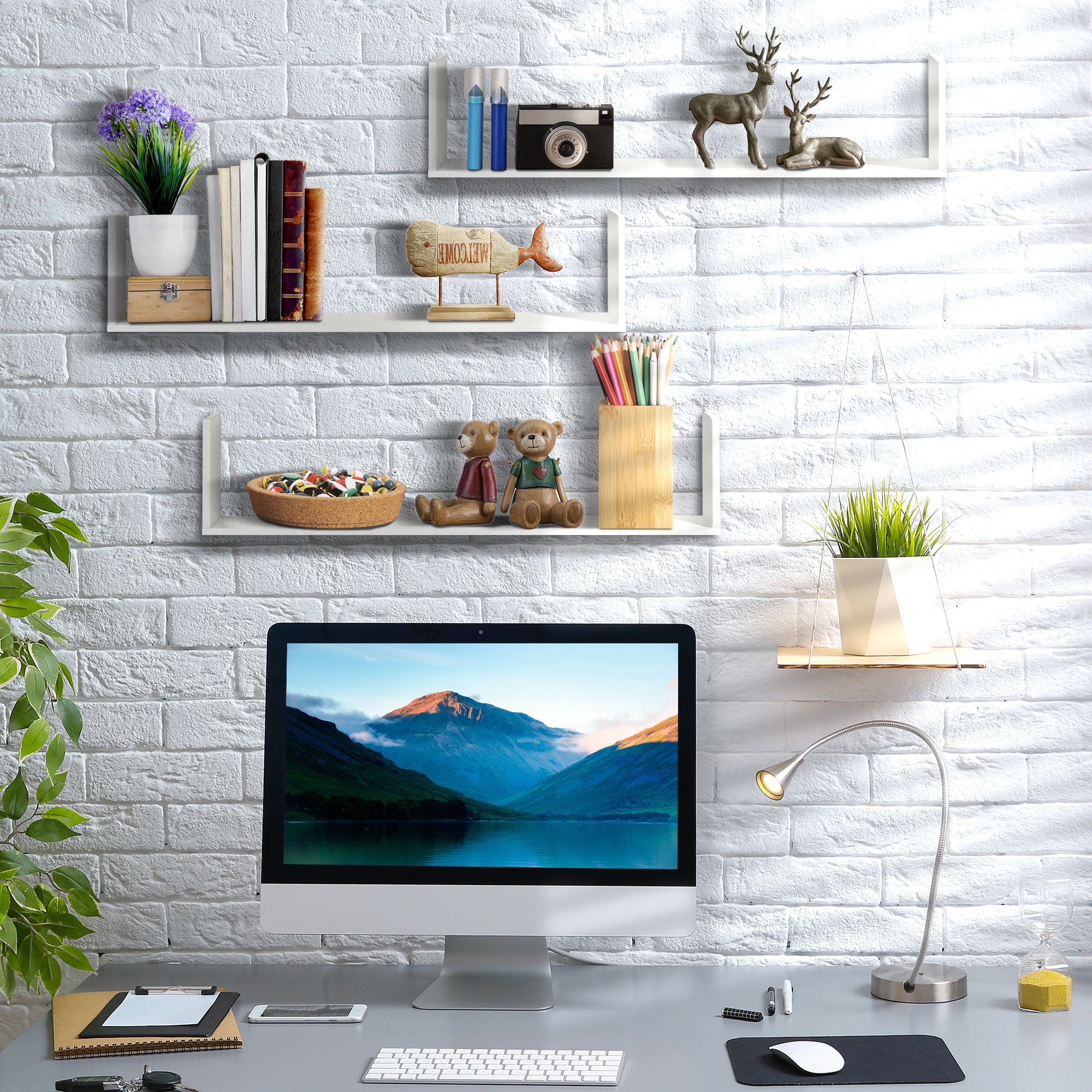 HOMCOM Set of 3 Wooden U-Shaped Floating Shelves Set Wall Mounted Hanging Bookshelf CD DVD Storage Display for Bedroom Living Room Kitchen, White - North Peak Garden Furniture