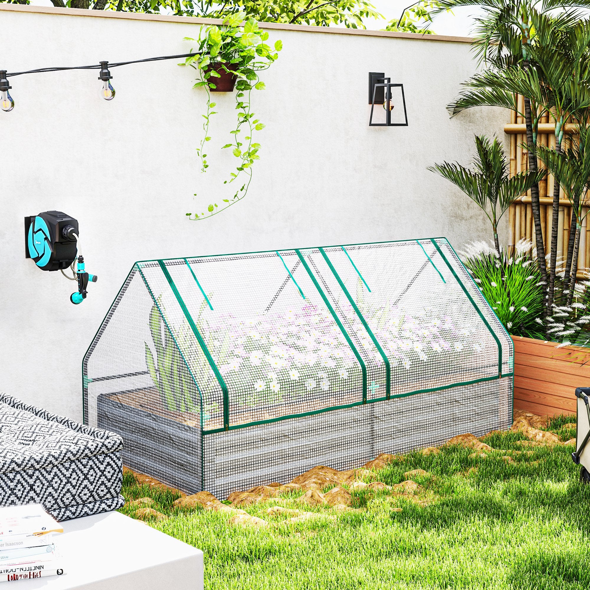 Outsunny Metal Planter Box with Cover, Raised Garden Bed with Greenhouse, for Herbs and Vegetables, White and Dark Grey - North Peak Garden Furniture