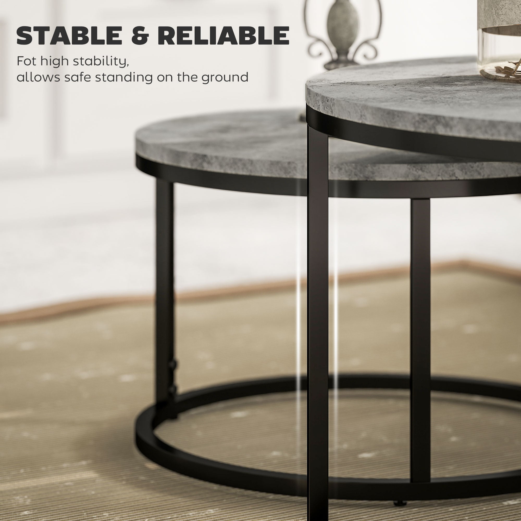 HOMCOM Set of Two Marble-Effect Stacking Tables - Grey/Black - North Peak Garden Furniture