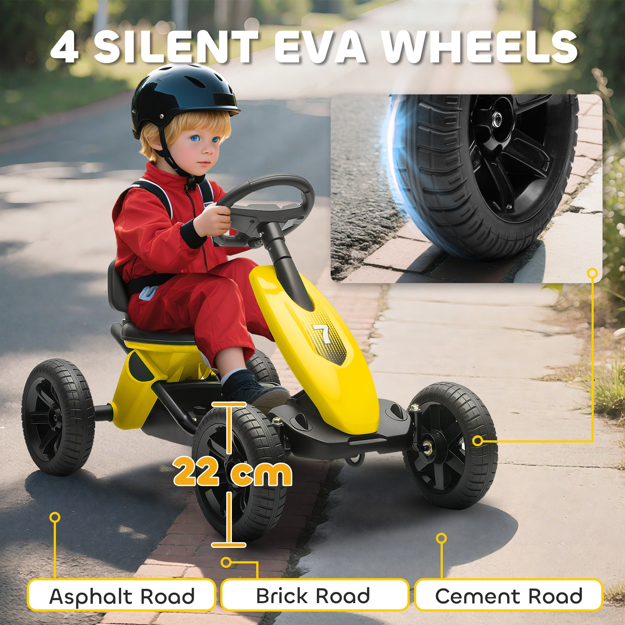 AIYAPLAY Pedal Go Kart for Kids 2-5 Years, with Silent EVA Wheels, Metal Frame, Yellow