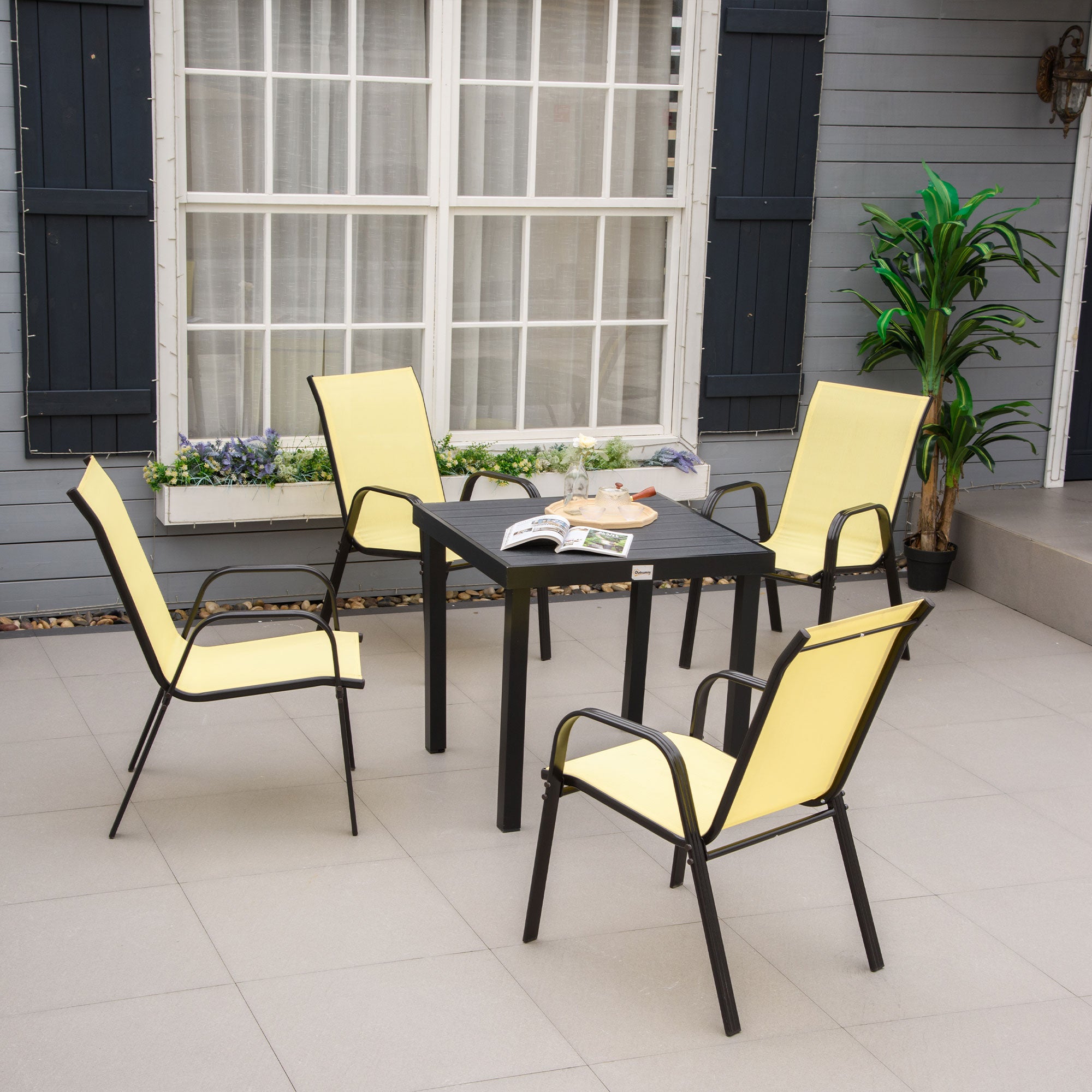 Outsunny 4 Pieces Garden Chairs, Stackable Outdoor Chairs with High Backrest and Armrest, Breathable Mesh Fabric Dining Chair Set of 4, Beige - North Peak Garden Furniture