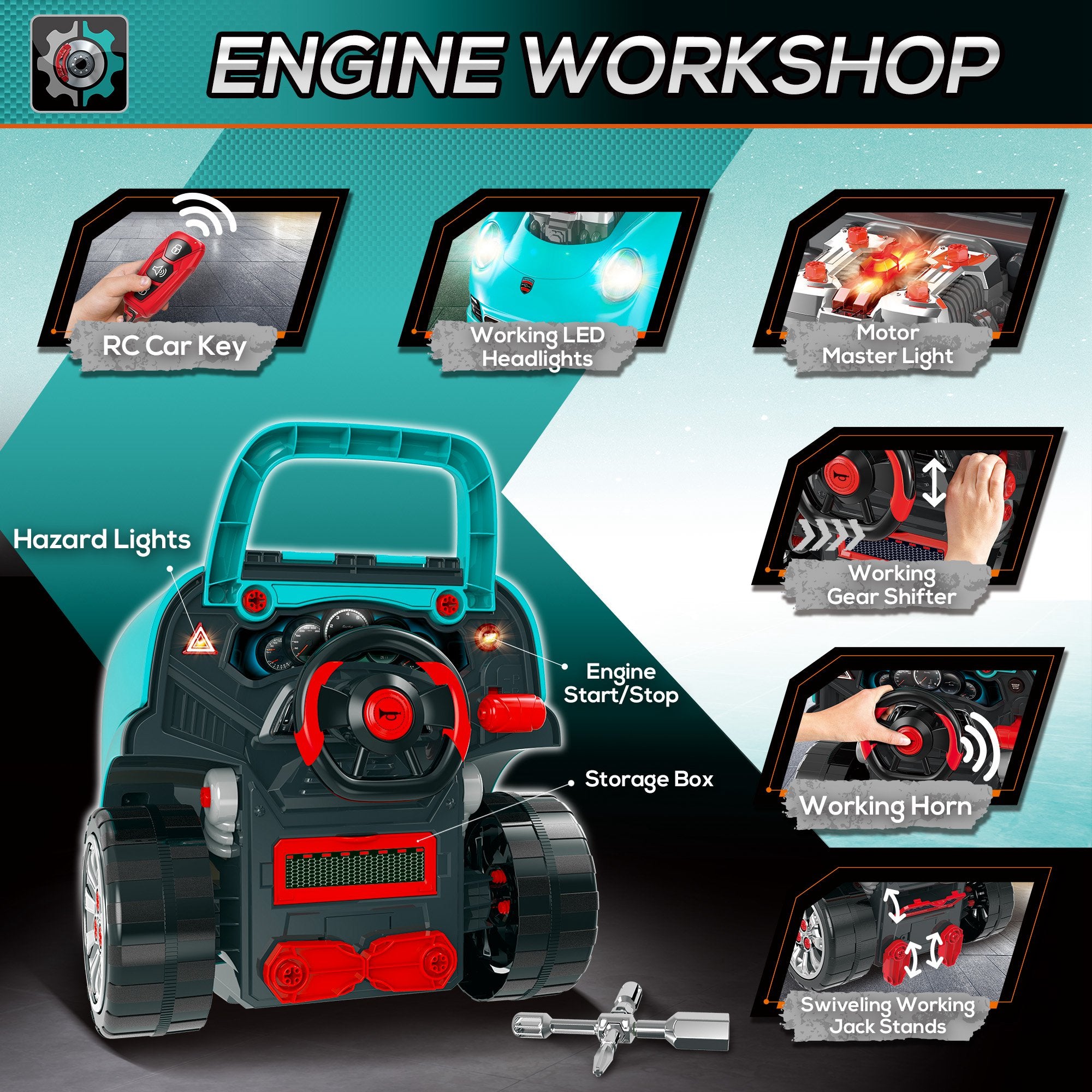 HOMCOM Kids Truck Engine Toy Set, with Horn, Light, Car Key, for Ages 3-5 Years - Teal - North Peak Garden Furniture