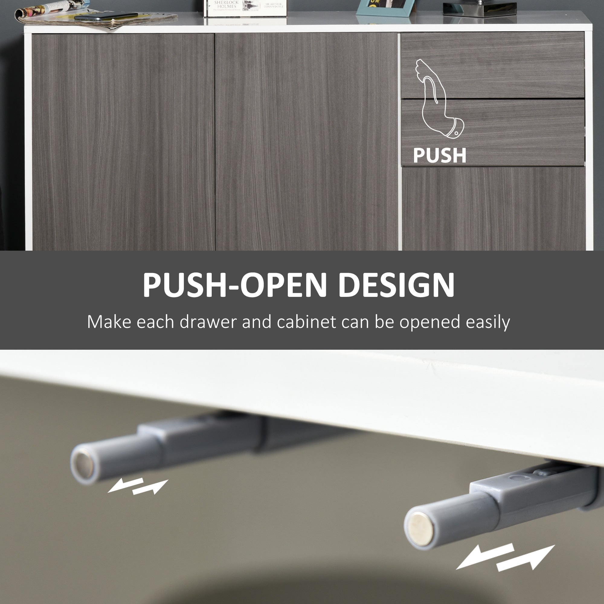 HOMCOM High Gloss Frame Sideboard, Side Cabinet, Push-Open Design with 2 Drawer for Living Room, Bedroom, Light Grey and White - North Peak Garden Furniture