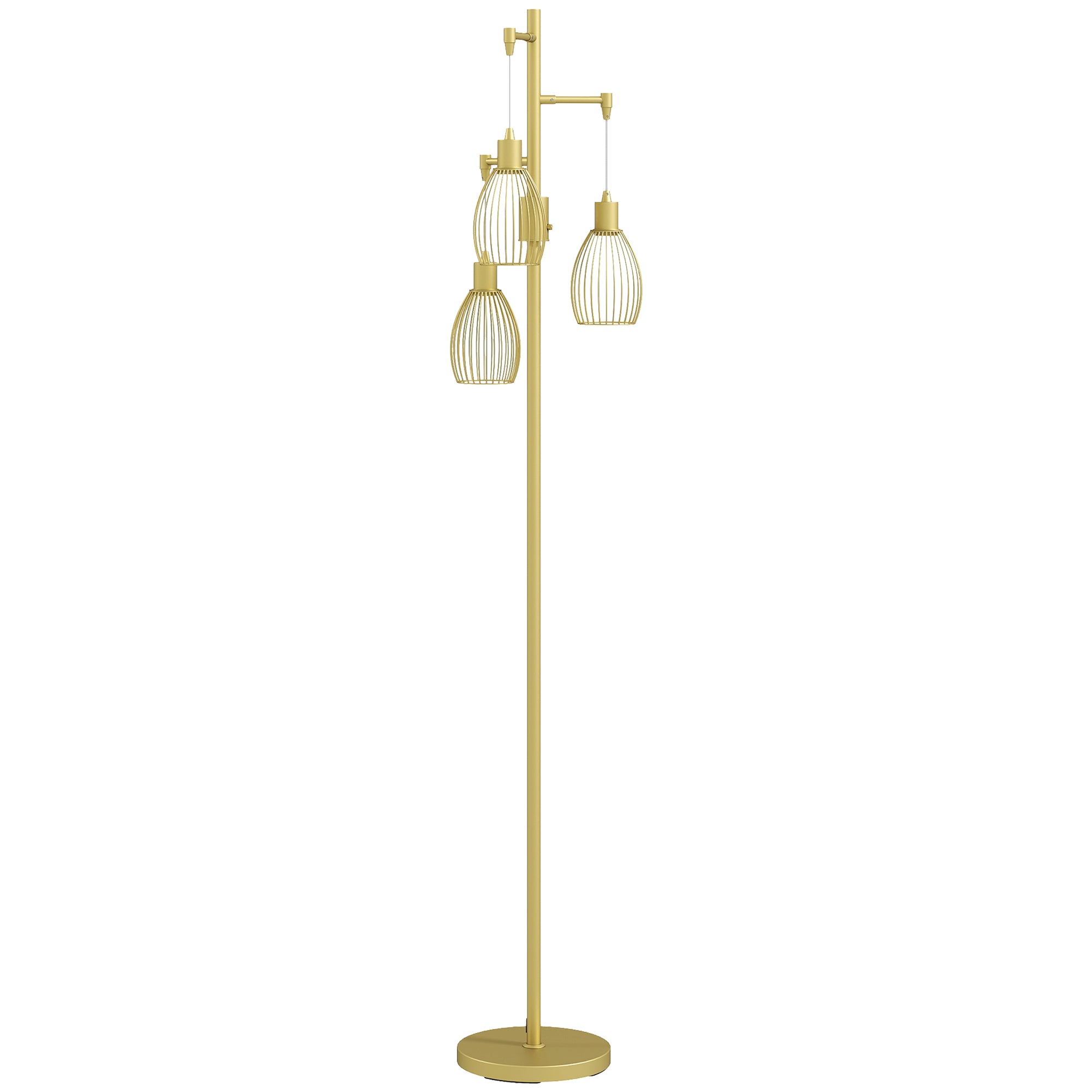 HOMCOM 170cm Industrial 3-Light Floor Lamp, Dimmable Standing Lamp with Steel Lampshades for Living Room, Bedroom, Dinging Room, Study, Gold Tone - North Peak Garden Furniture