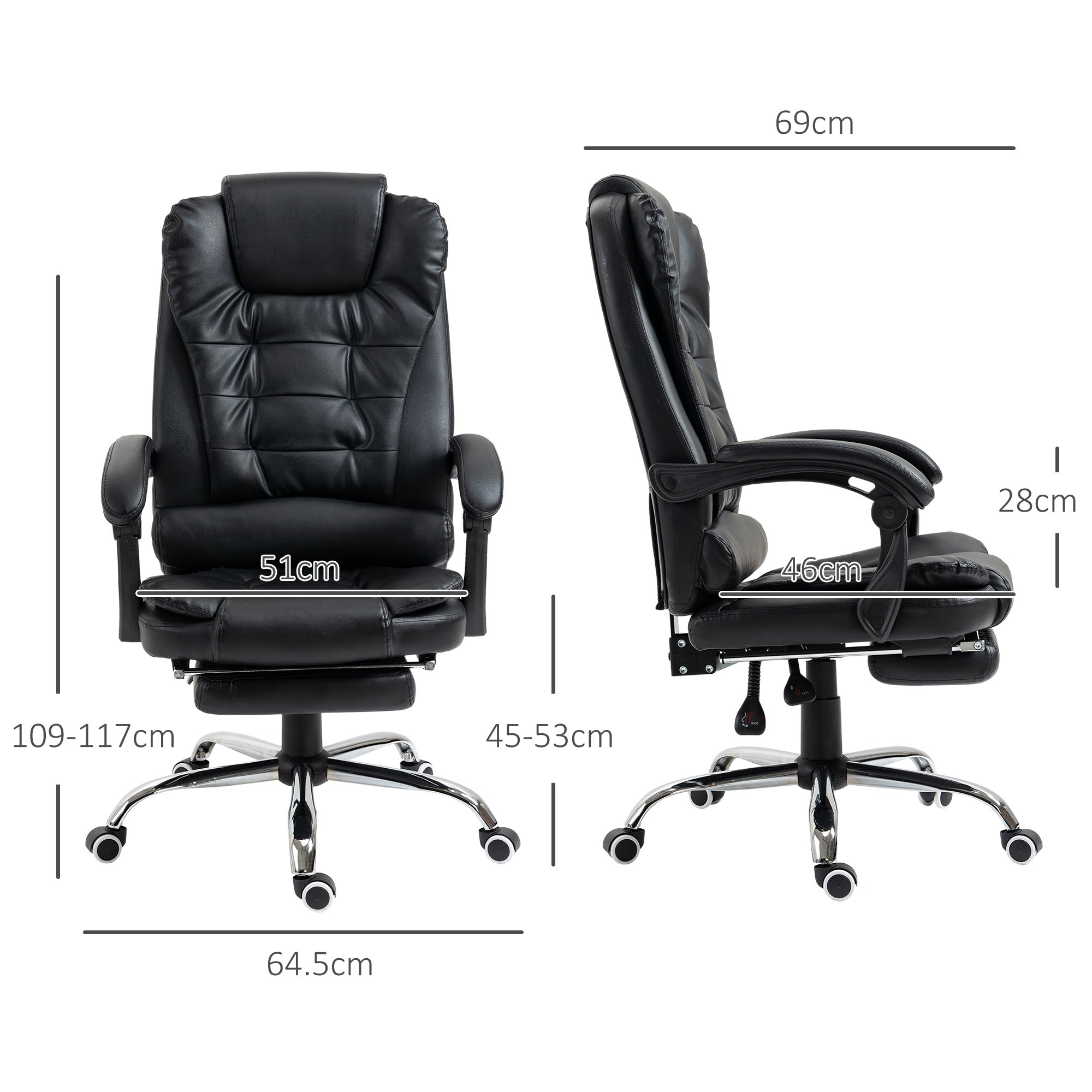 HOMCOM Executive Office Chair, PU Leather Home Office Chair with Swivel Wheels, Reclining Backrest, Retractable Footrest, Black - North Peak Garden Furniture