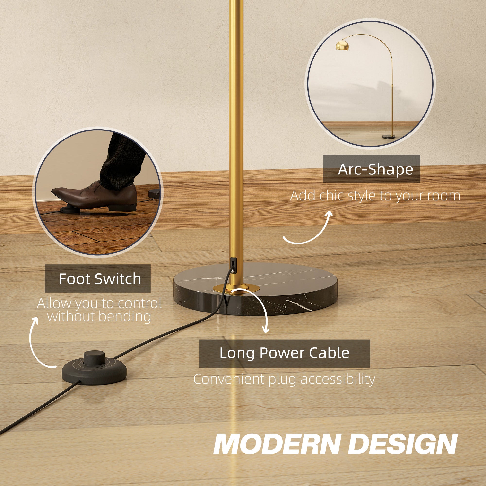 HOMCOM 180cm Arc Floor Lamp for Living Room, Modern Adjustable Standing Lamp with Foot Switch, Faux Black Marble Base and Bell Shade for Home Offices, Bedrooms, Gold Tone - North Peak Garden Furniture
