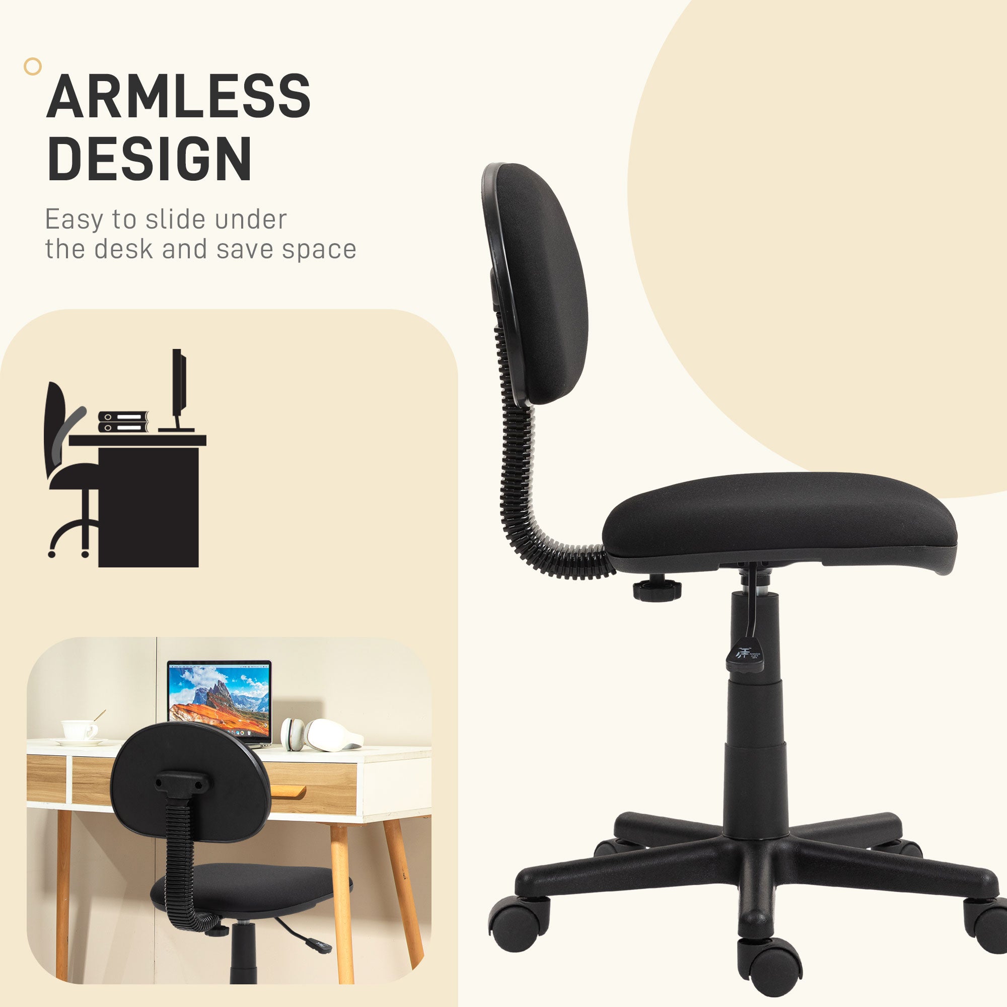 HOMCOM Small Armless Office Chair - Black - North Peak Garden Furniture