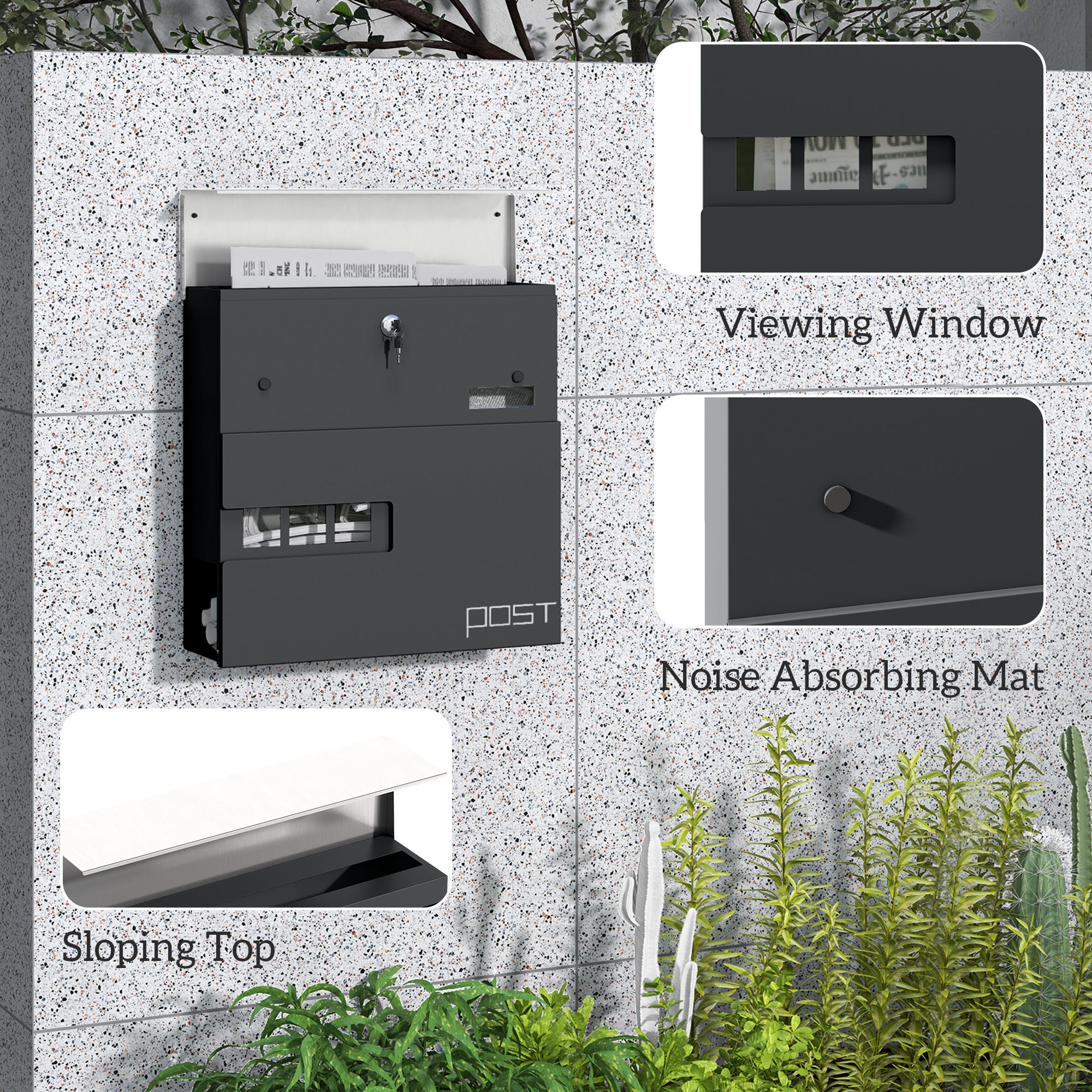 HOMCOM Locking Galvanised Steel Letterbox - Charcoal Grey/Black - North Peak Garden Furniture