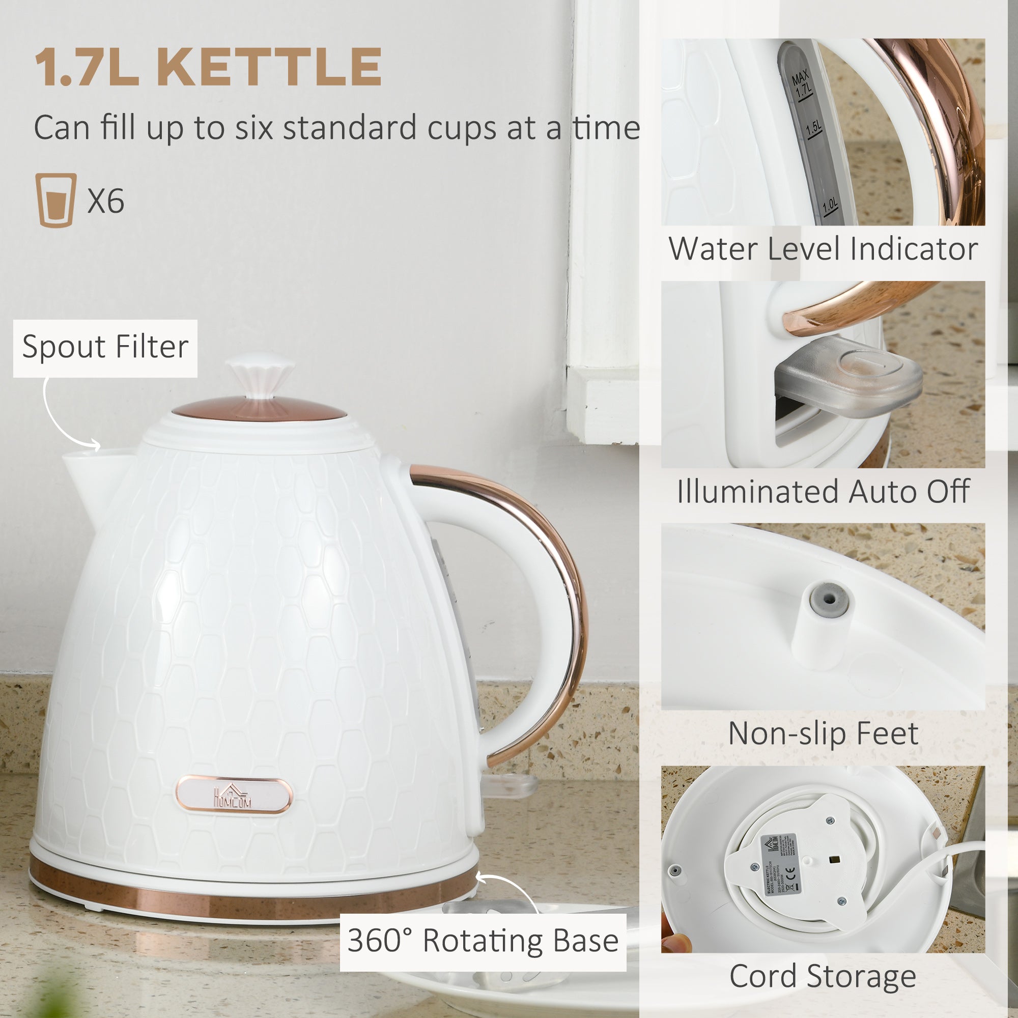HOMCOM 1.7L 3000W Fast Boil Kettle & 2 Slice Toaster Set, Kettle and Toaster Set with Auto Shut Off, Browning Controls, White - North Peak Garden Furniture