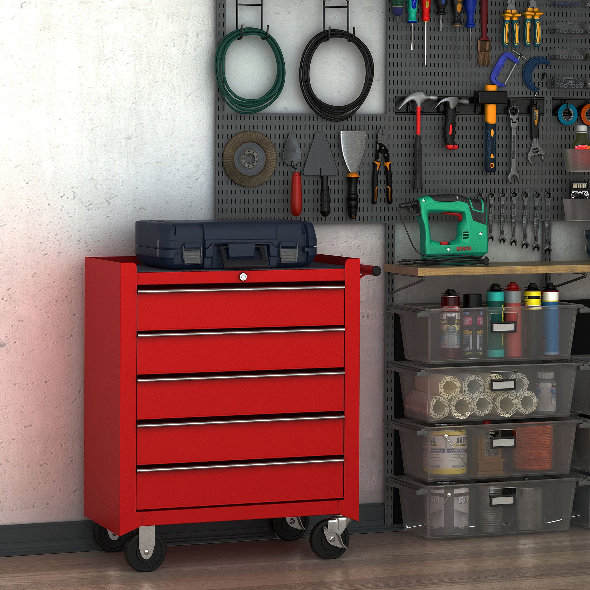 HOMCOM 5 Drawer Tool Chest on Wheels, Lockable Steel Tool Trolley with Side Handle for Workshop, Garage, Red - North Peak Garden Furniture