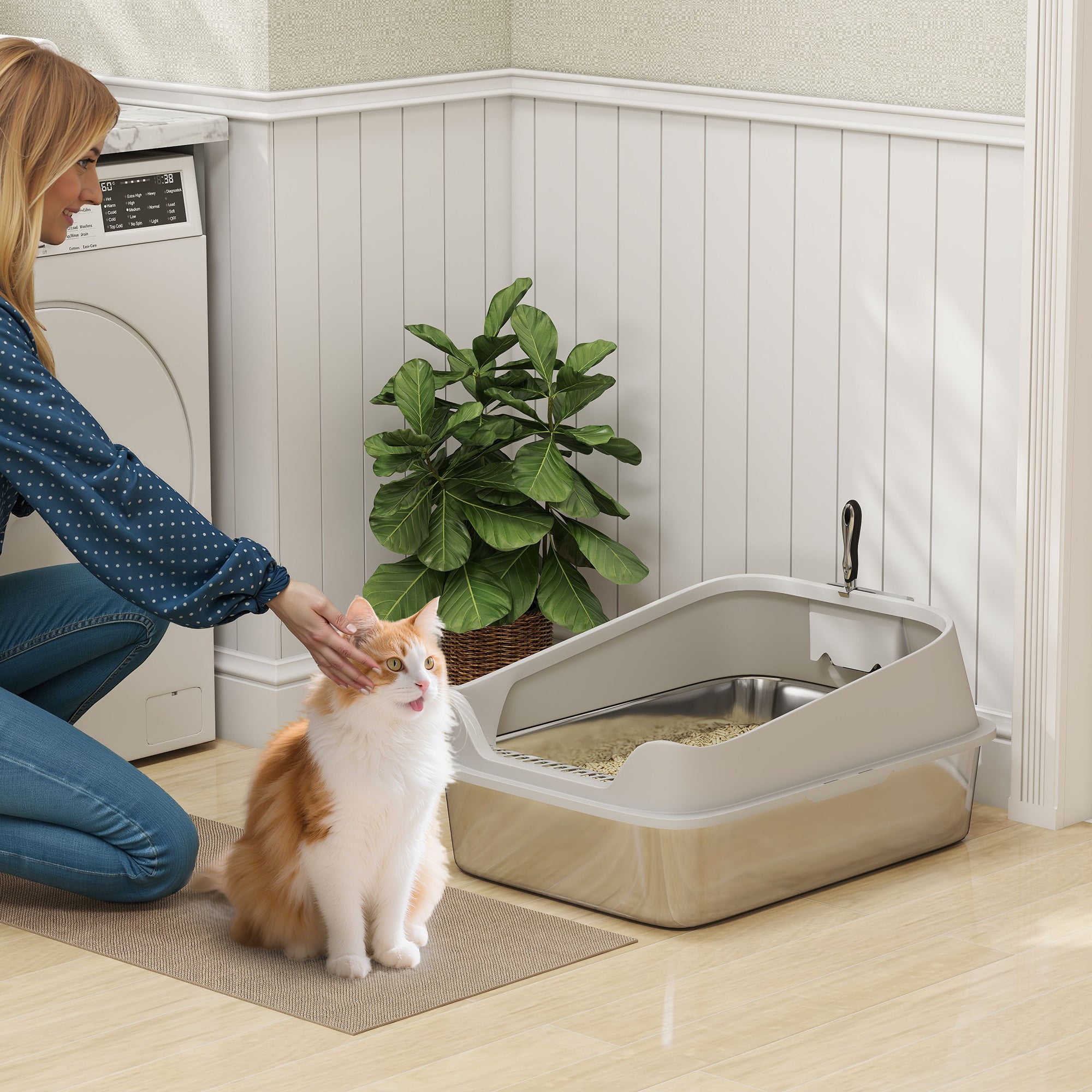 PawHut XXL Stainless Steel Cat Litter Box with High Sides, Metal Scoop, 70 x 50 x 30 cm