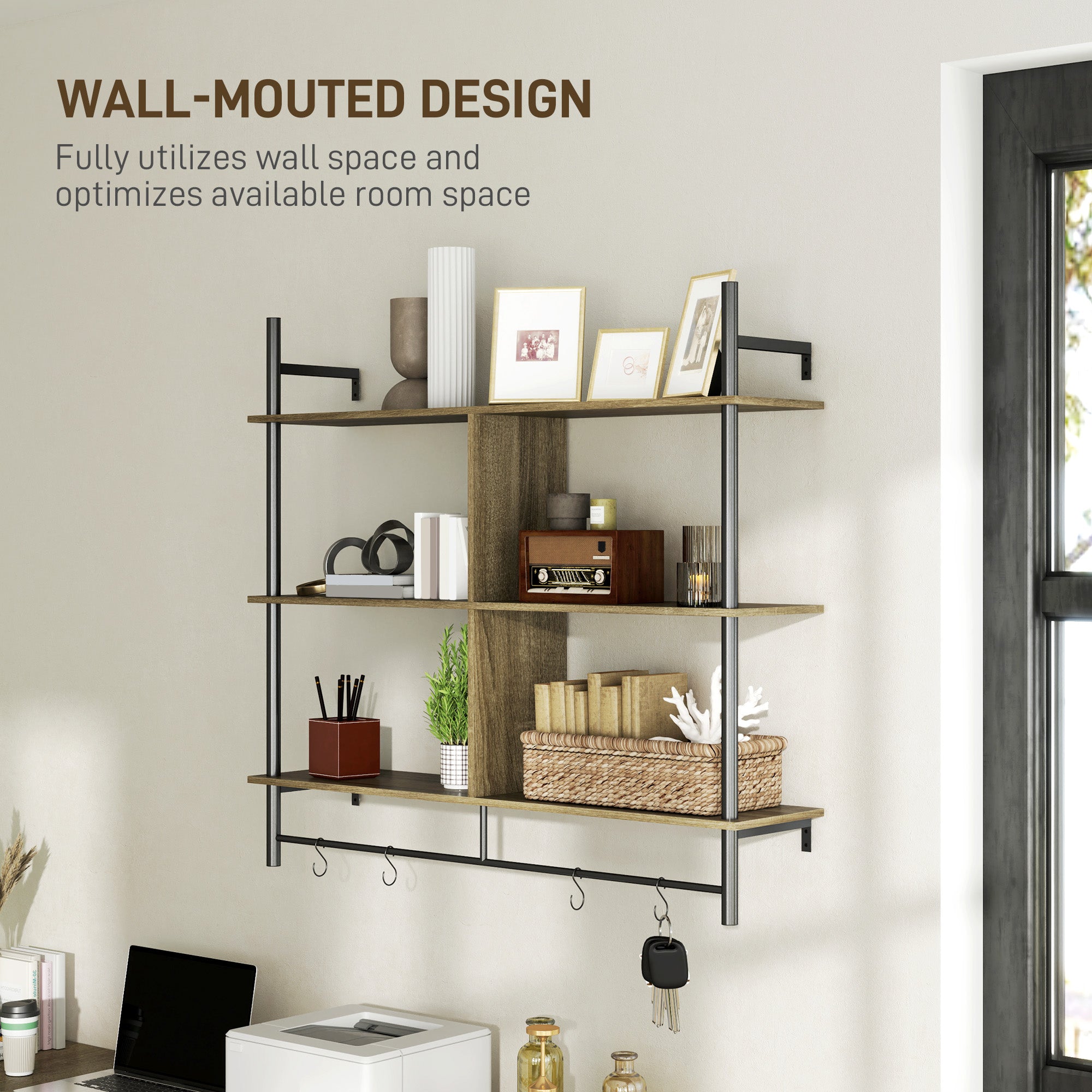 HOMCOM Three-Tier Floating Shelf - Grey Wood Effect - North Peak Garden Furniture