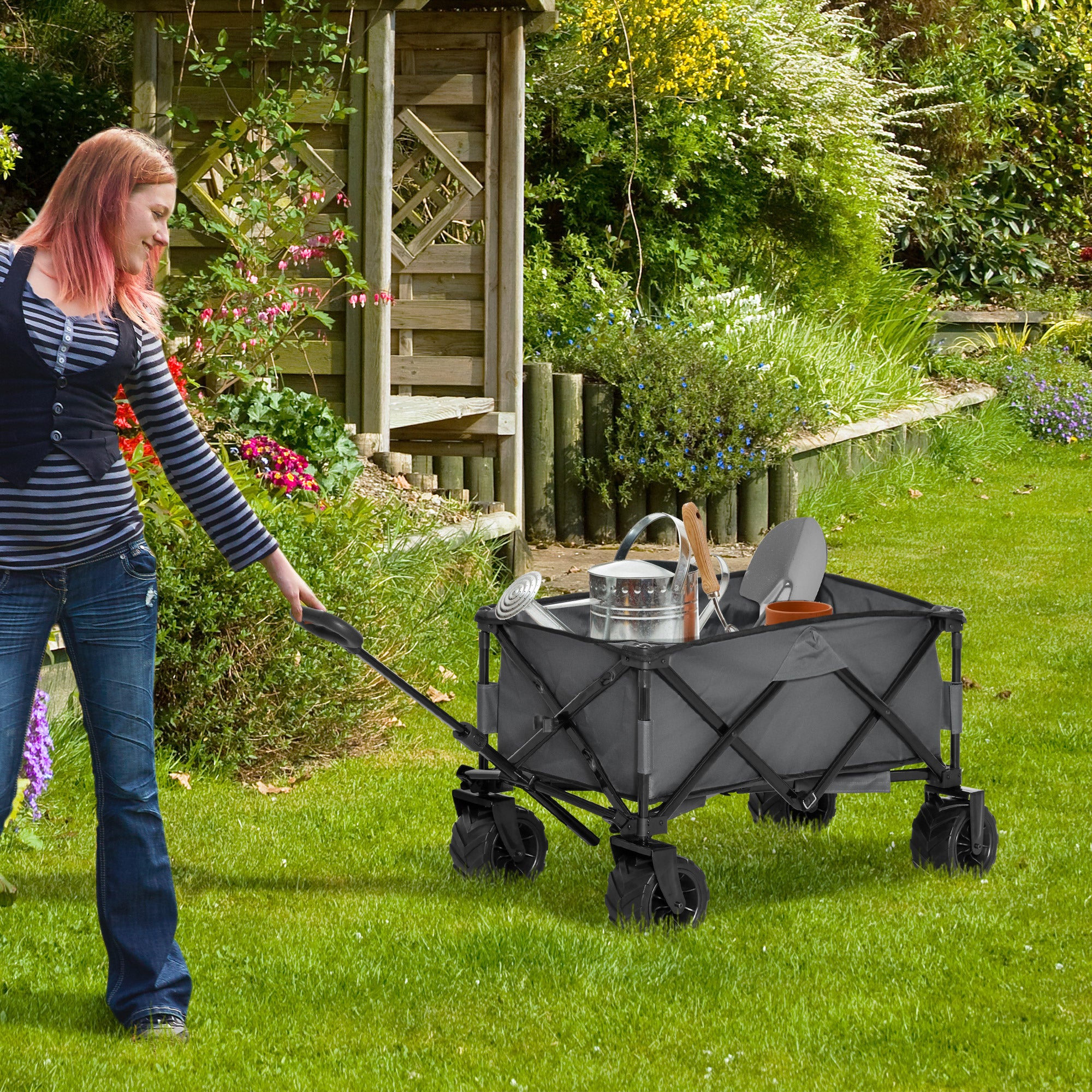 Outsunny Outdoor Pull Along Cart Folding Cargo Wagon Trailer Trolley for Beach Garden with Handle, Anti-Slip Wheel - Dark Grey - North Peak Garden Furniture