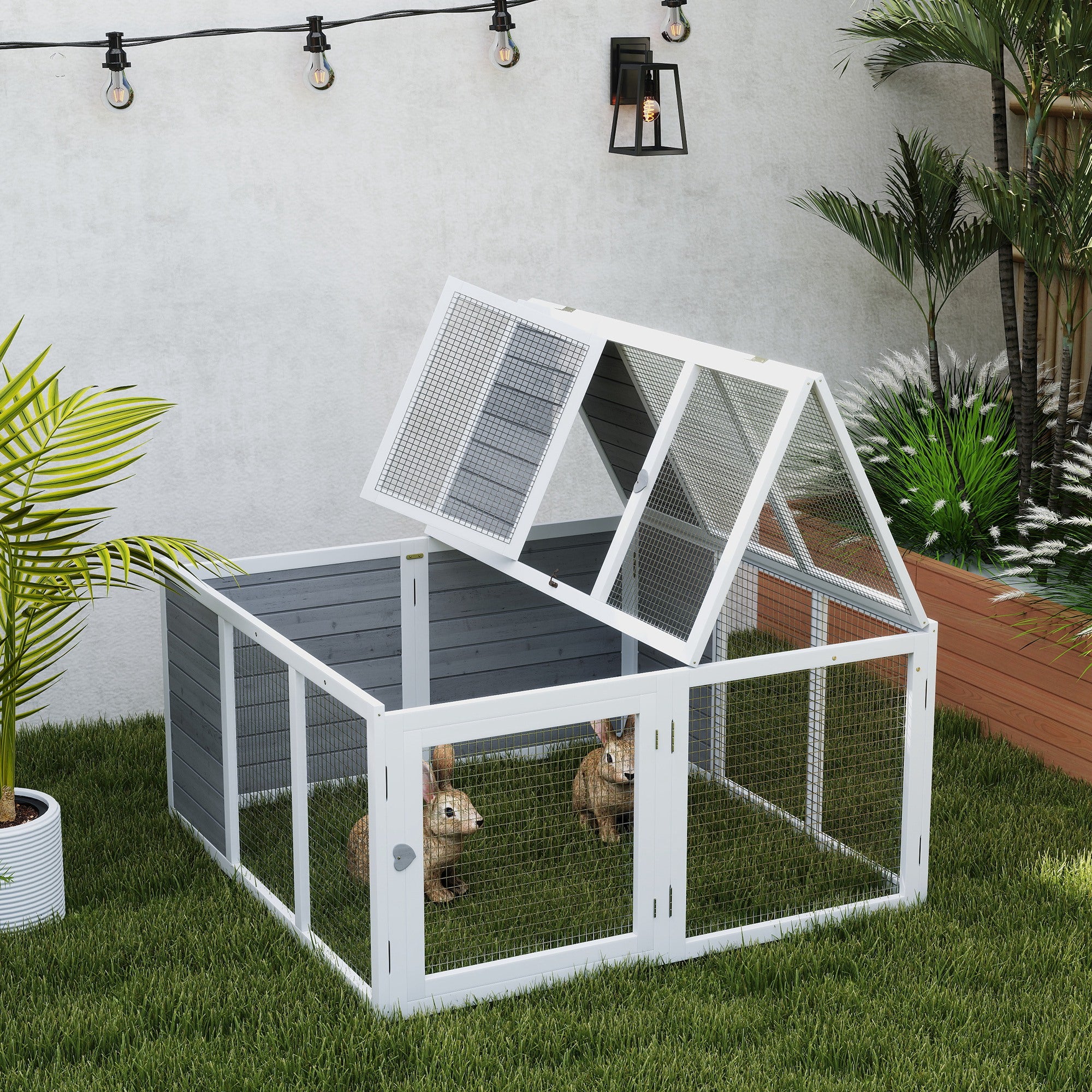 PawHut Rabbit Hutch with Openable Foldable Roof, Light Grey - North Peak Garden Furniture