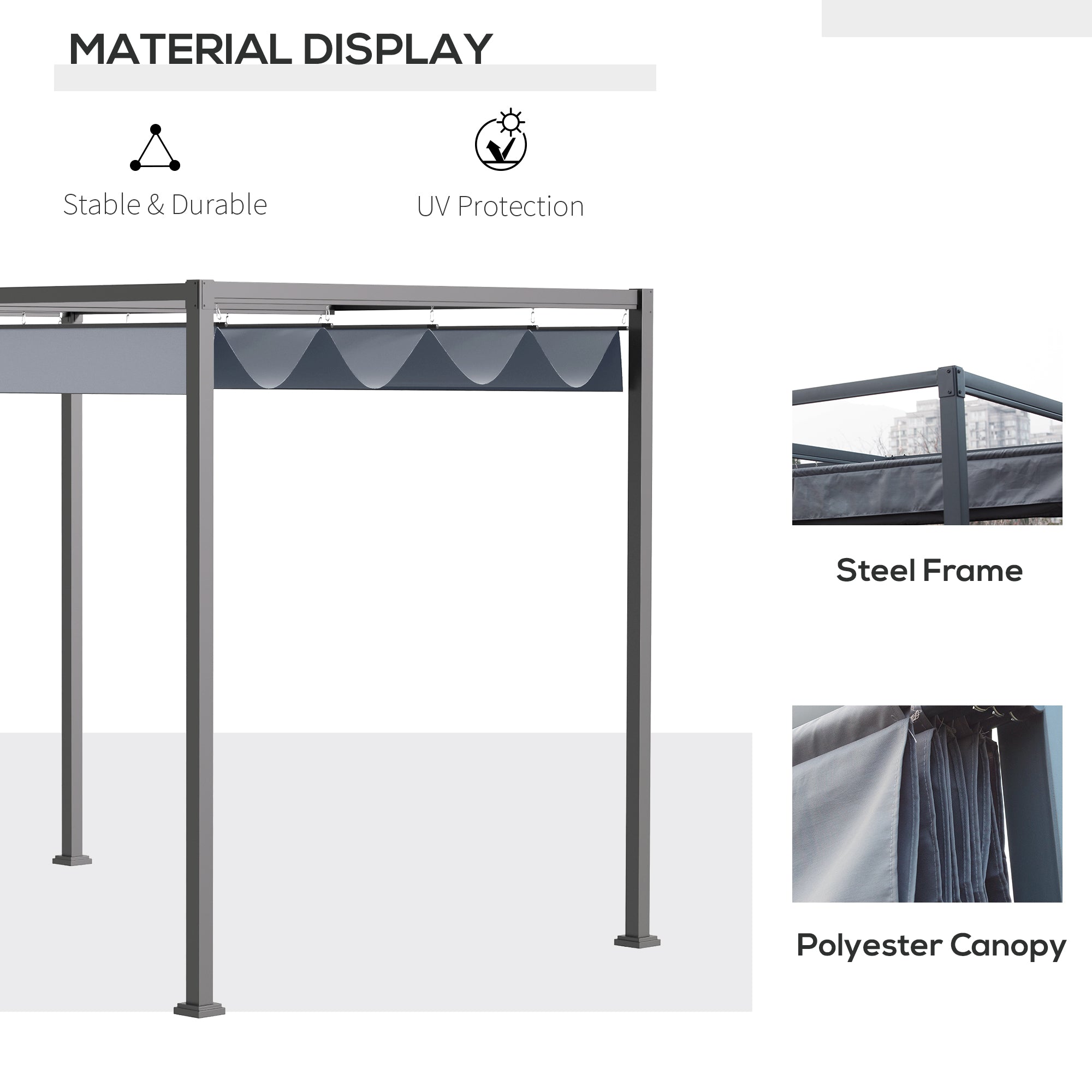 Outsunny 4 x 3(m) Metal Outdoor Pergola with Retractable Roof, Outdoor Gazebo Canopy Shelter with Drainage Holes for Garden, Patio, Lawn, Grey - North Peak Garden Furniture