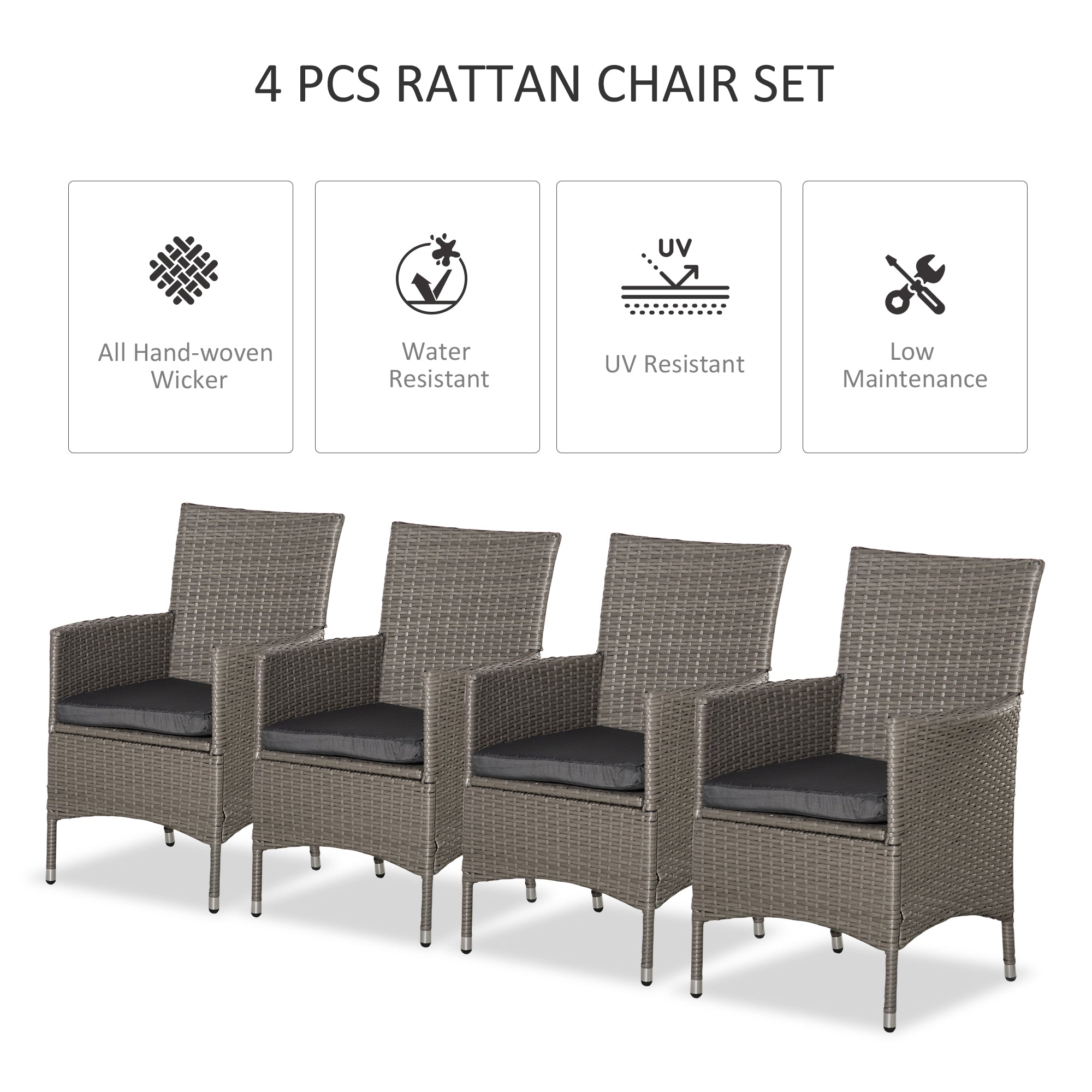Outsunny Set of Four Rattan Armchairs, with Cushions - Grey - North Peak Garden Furniture