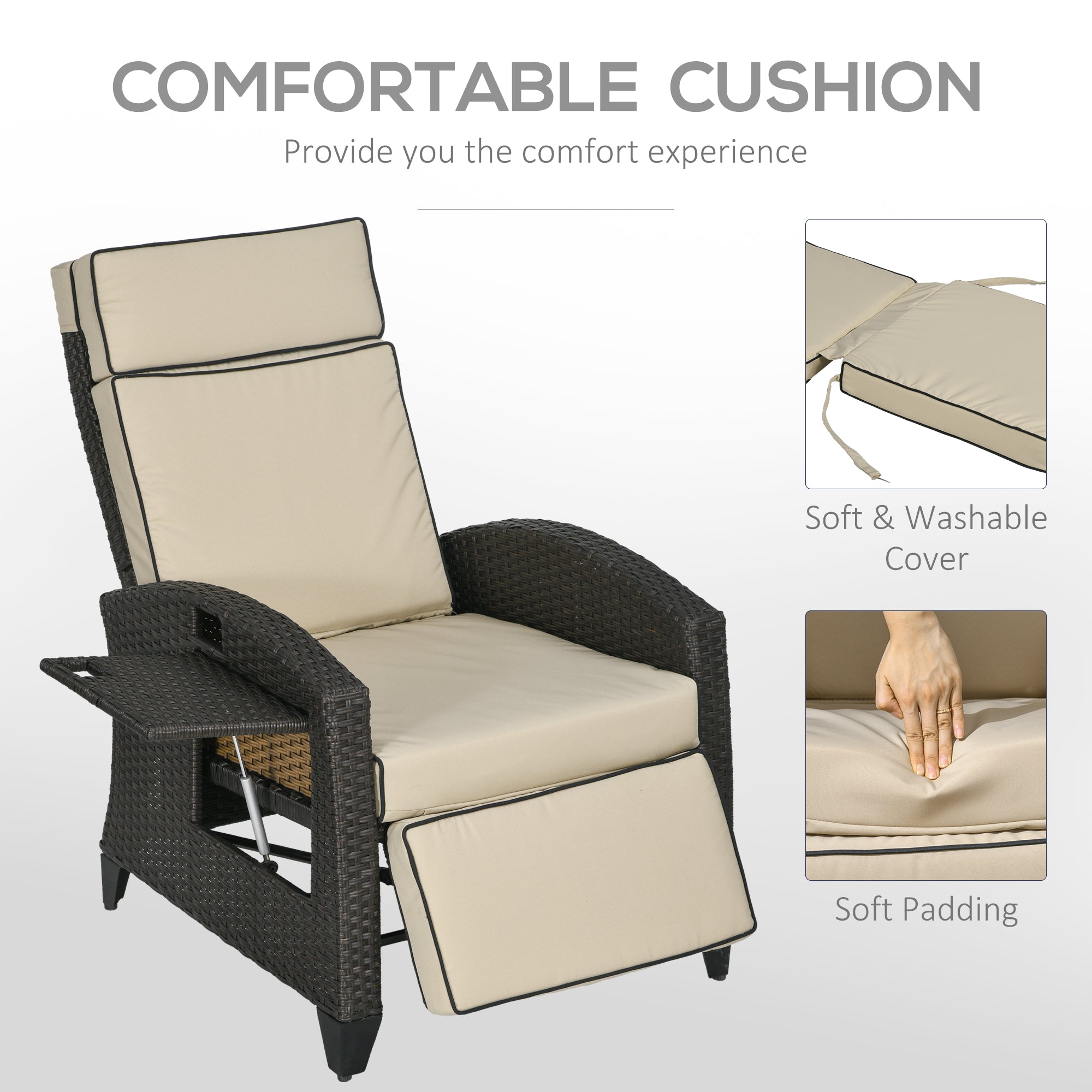 Outsunny Outdoor Recliner Chair with Adjustable Backrest and Footrest, Cushion, Side Tray, Khaki