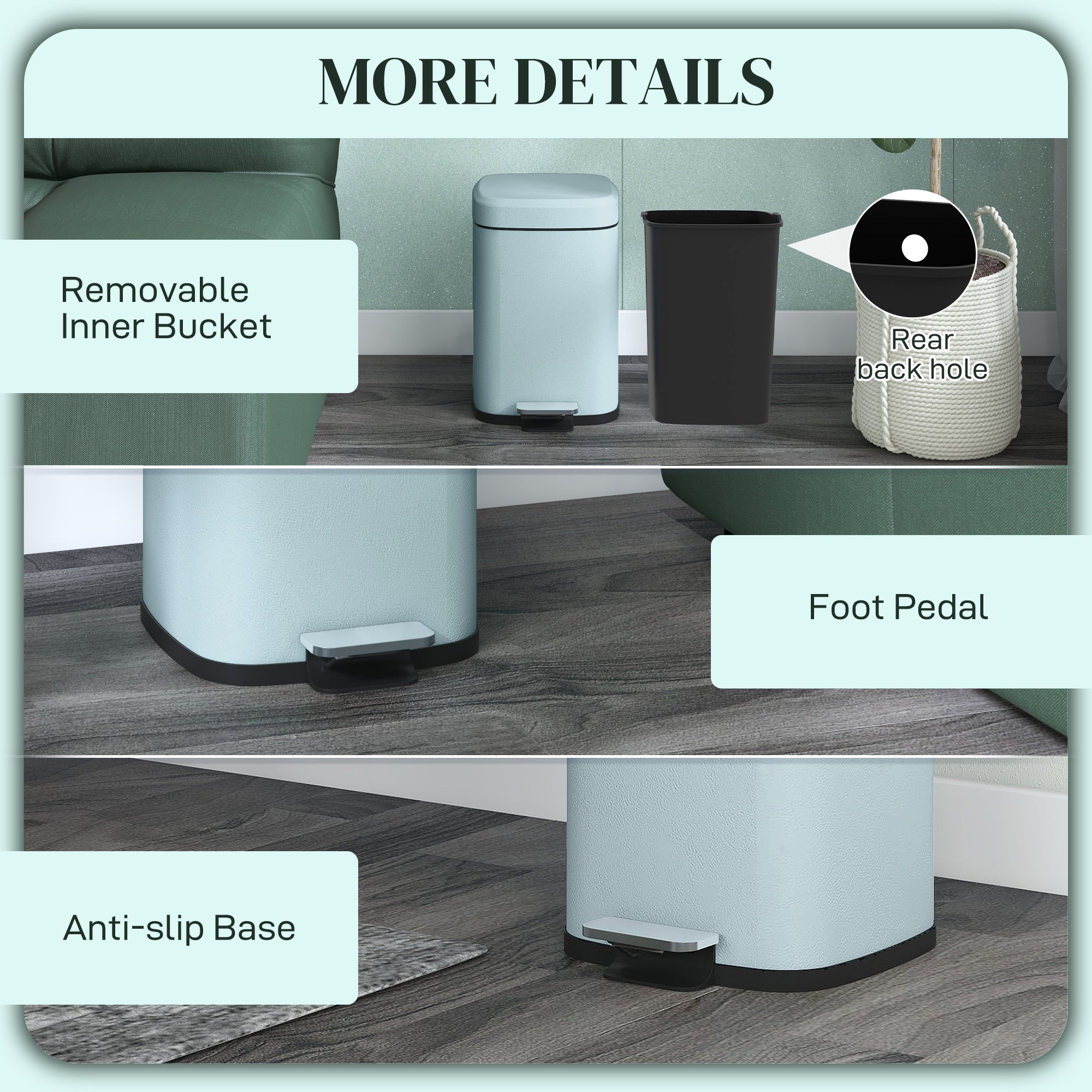 HOMCOM 12L Modern Boxy Metal Home Kitchen Bin - Light Green - North Peak Garden Furniture