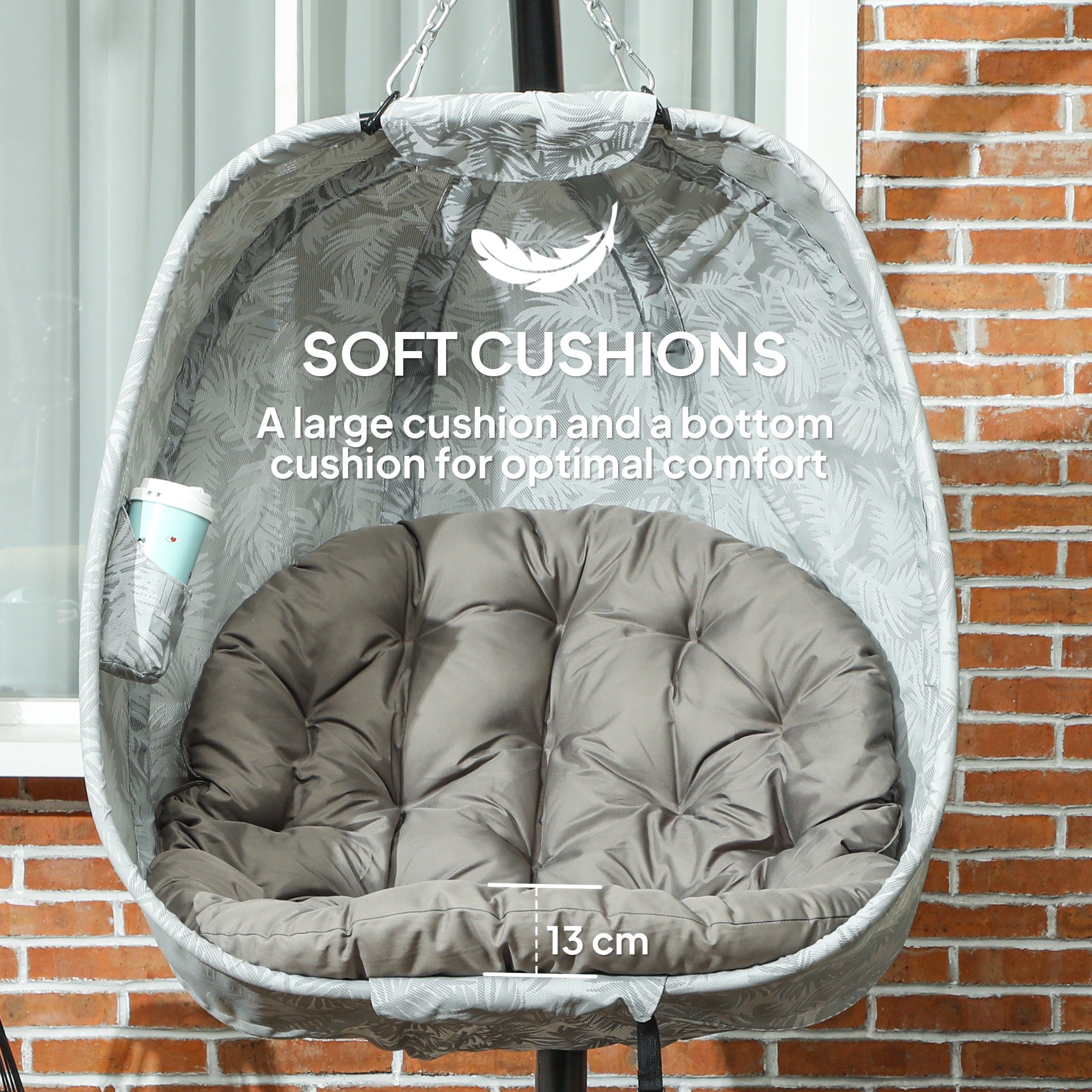 Outsunny Hanging Egg Chair Outdoor Indoor Garden Swing Chair with Folding Basket, Garden Hanging Chair with Stand, Thickened Cushion, Cup Holder for Patio, Balcony, Sand Brown - North Peak Garden Furniture