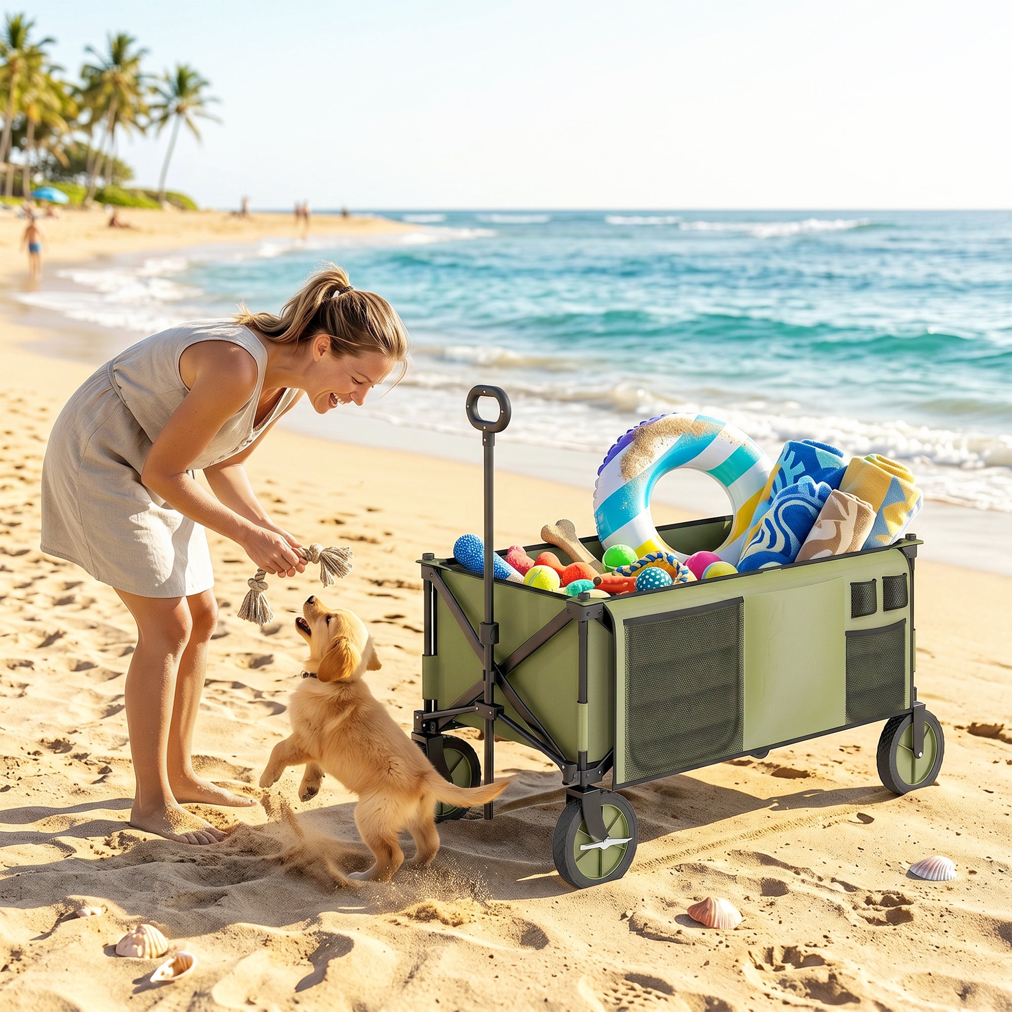 Outsunny Folding Garden Trolley, Cargo Trailer on Wheels, Collapsible Camping Trolley with Folding Board, Outdoor Utility Wagon with Steel Frame and Oxford Fabric, Green