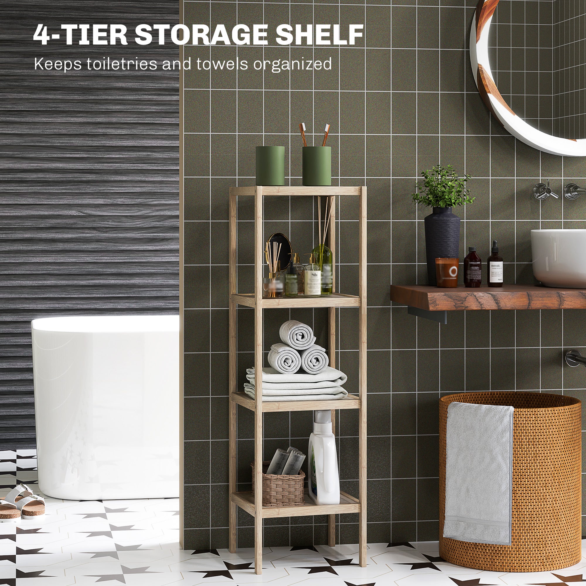 HOMCOM 4-Tier Bamboo Bathroom Storage Shelves, Freestanding Storage Shelving Unit, Multifunctional Display Plants Stand Shelf Rack Organiser, Natural - North Peak Garden Furniture