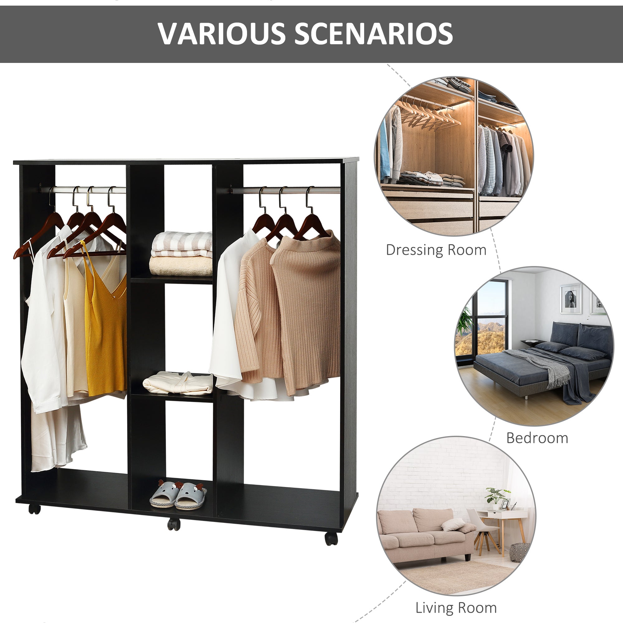 HOMCOM Double Open Wardrobe on Wheels, Bedroom Wardrobe with Clothes Hanging Rails, 3 Storage Shelves, Mobile Garment Rack for Cloakroom, Hallway, Black - North Peak Garden Furniture