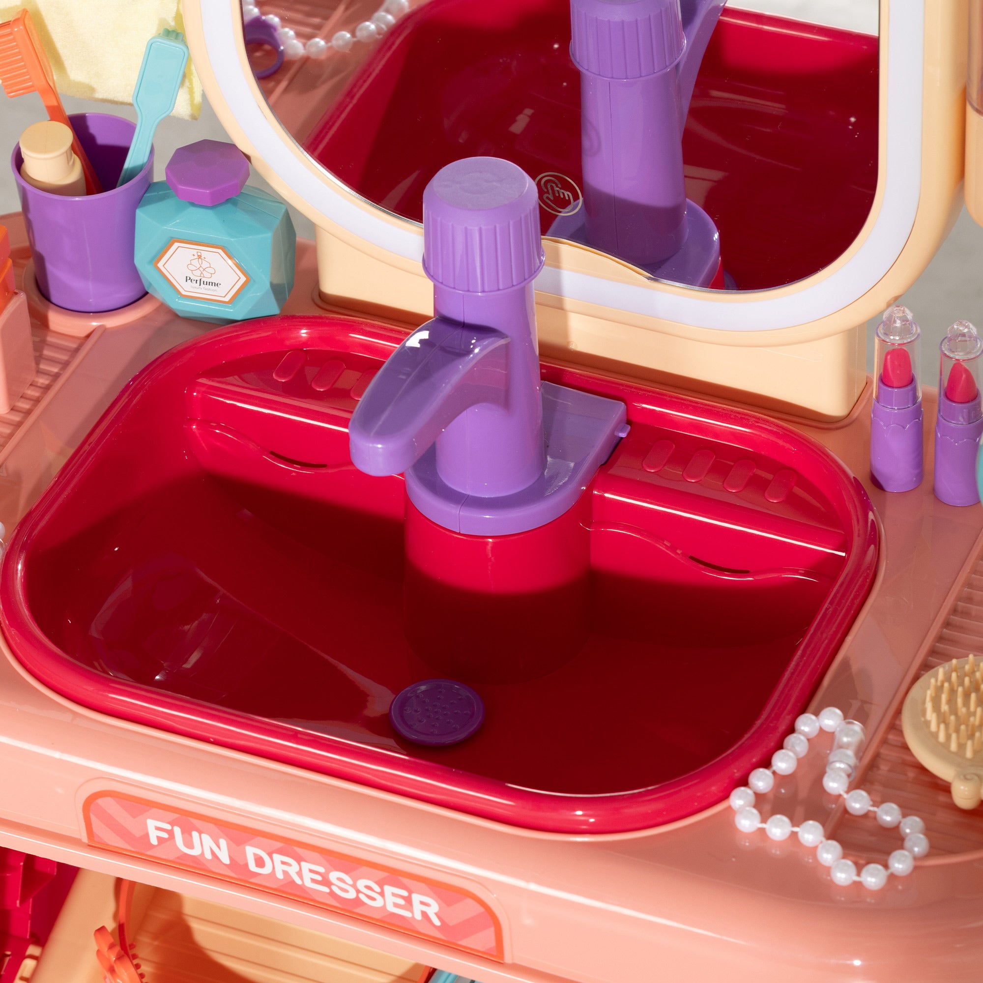 AIYAPLAY Kids Dressing Table with Mirror, LED Light, 23 Accessories, Pink - North Peak Garden Furniture