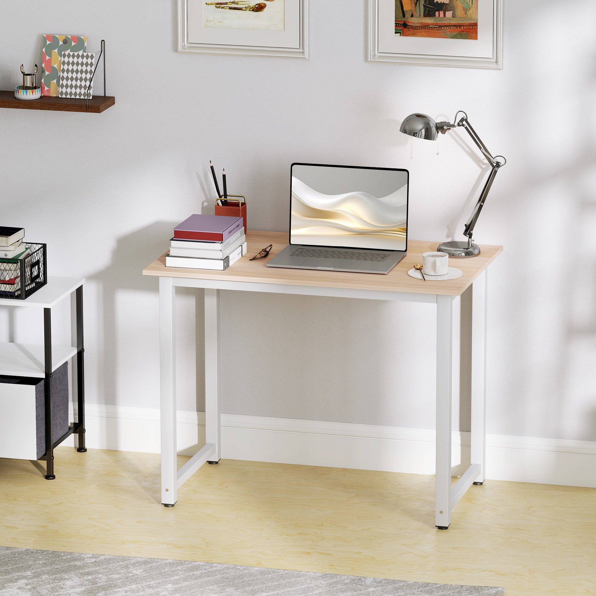 HOMCOM Computer Desk, Writing Table, 100 x 60 x 76cm Workstation for Home Office, Study with Metal Frame, Simple Assembly, White - North Peak Garden Furniture