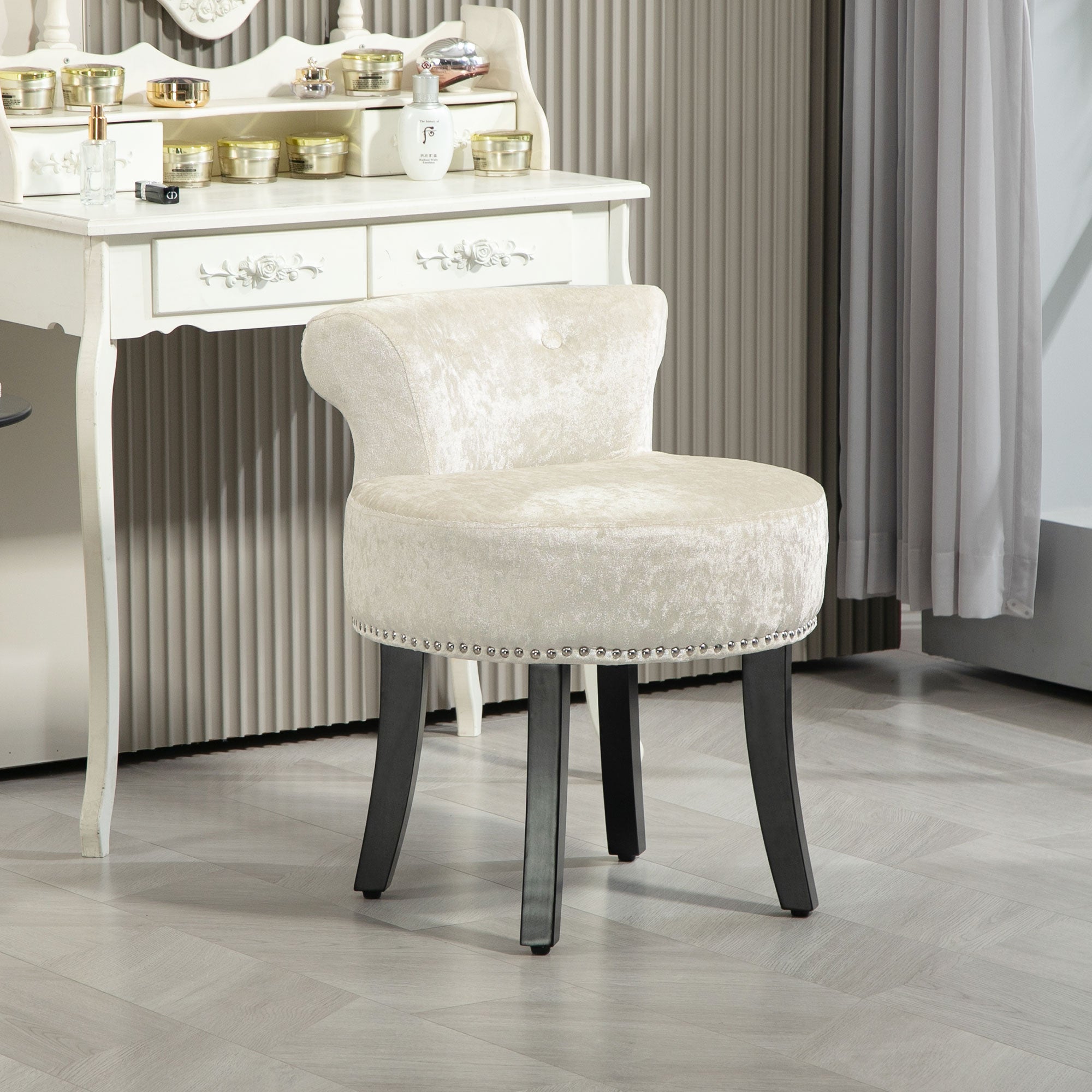 HOMCOM Dressing Table Stool with Rubber Wood Legs, Ice Velvet Vanity Stool for Living Room Bedroom, Beige - North Peak Garden Furniture