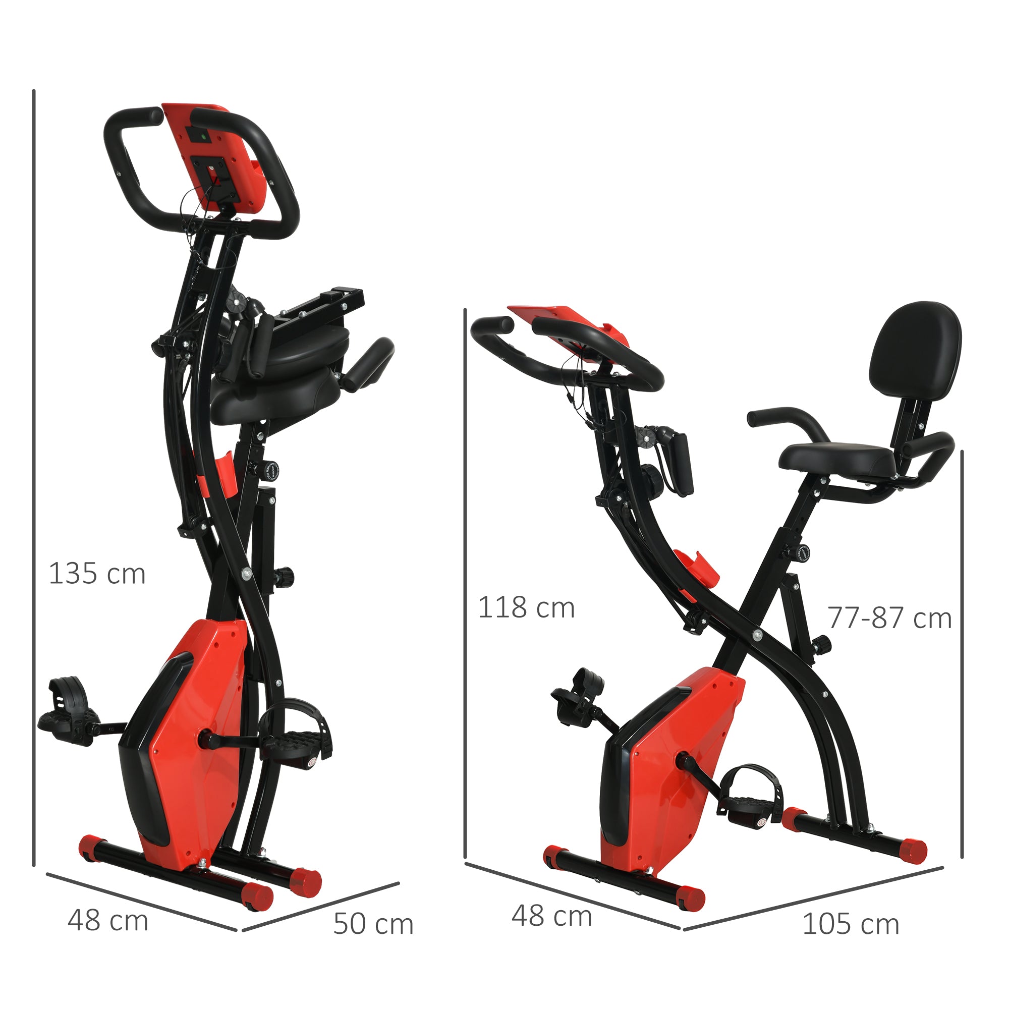 HOMCOM 2-in-1 Folding Exercise Bike with 8-Level Magnetic Resistance, Arm Resistance Band, Pulse Sensor, Red - North Peak Garden Furniture