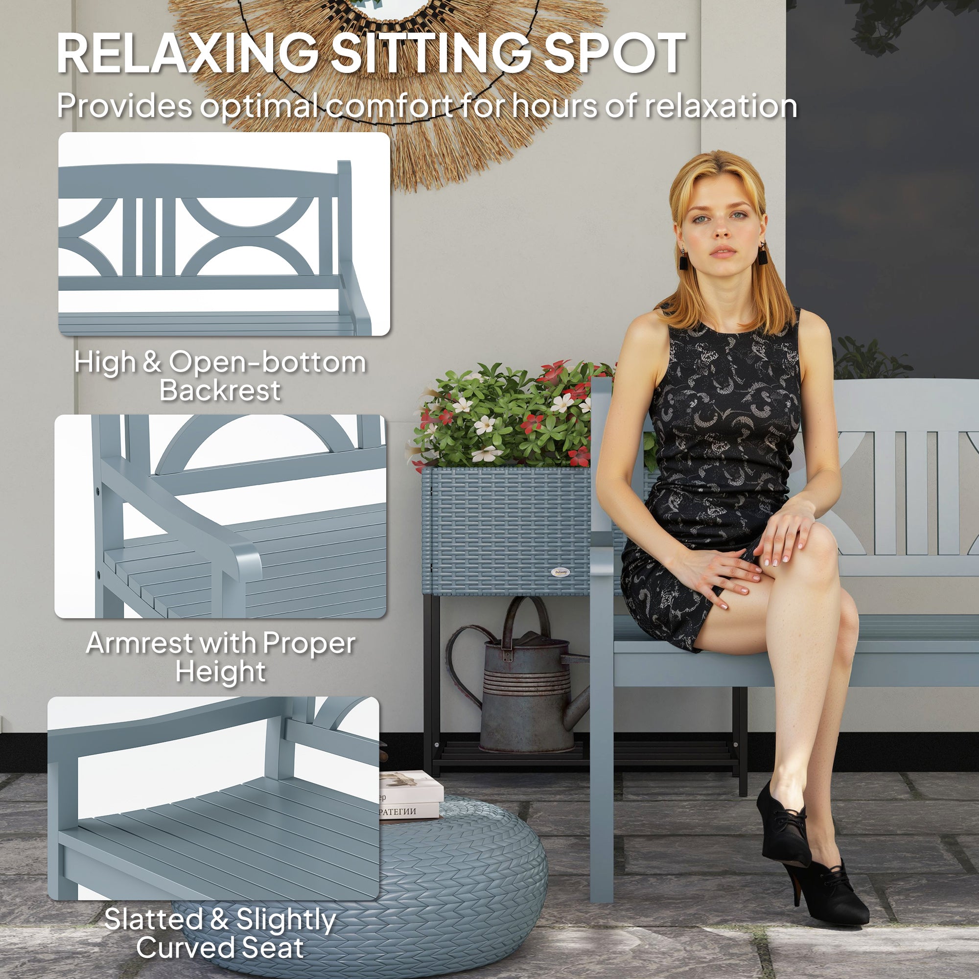 Outsunny 2-Seater Wooden Garden Bench Outdoor Patio Loveseat for Porch, Grey - North Peak Garden Furniture
