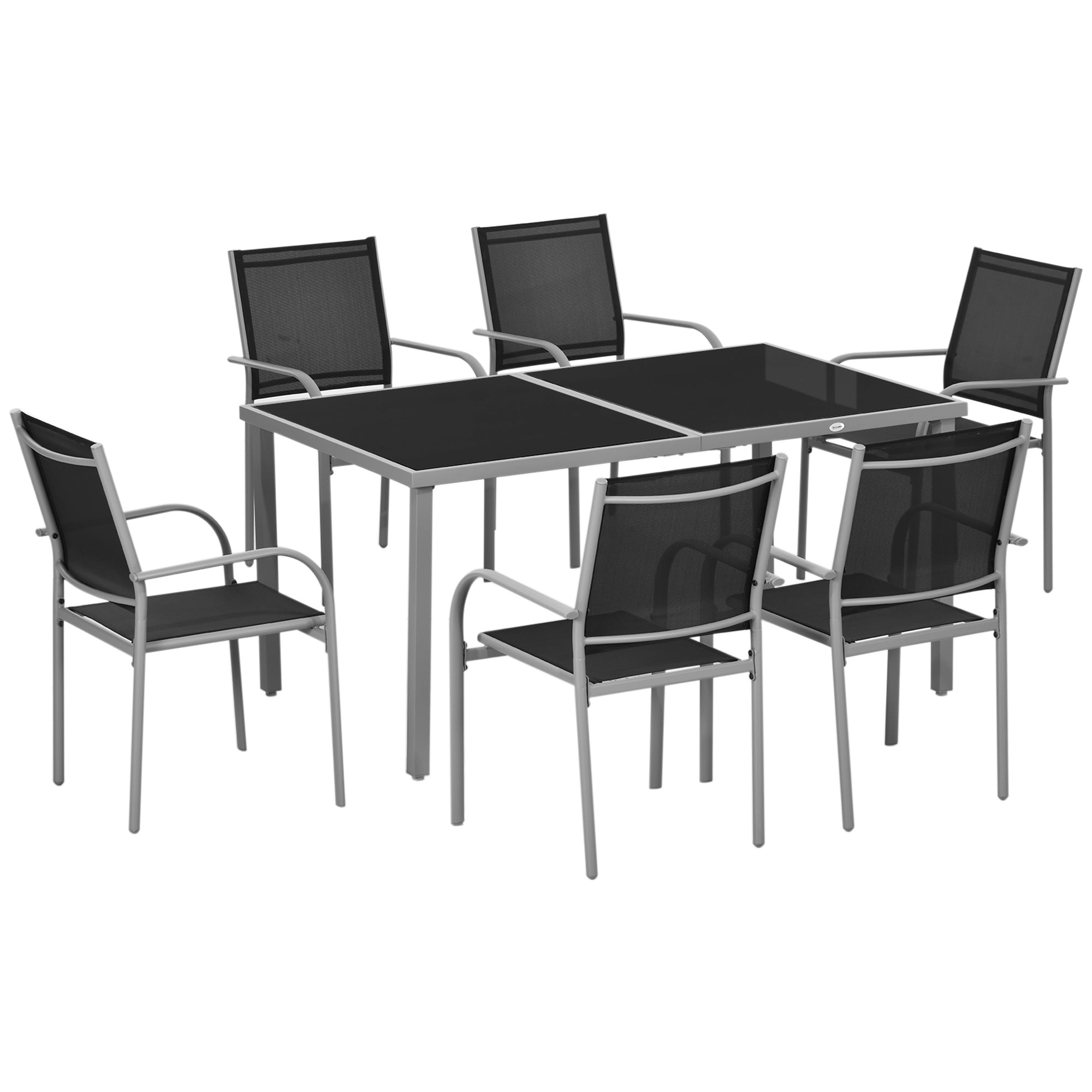 Outsunny 7 Piece Outdoor Garden Dining Set with Table and 6 Stackable Chairs, Steel Frame, Tempered Glass Top, Mesh Seats, Black - North Peak Garden Furniture